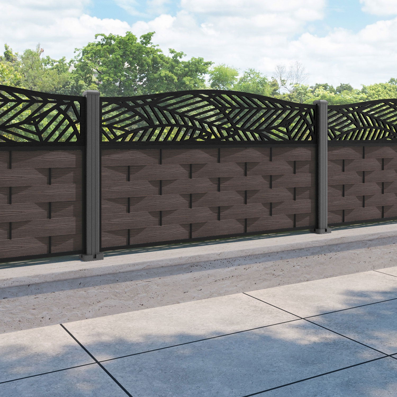 Ripple Habitat Curved Top Fence Panel - Mid Brown - with our aluminium posts