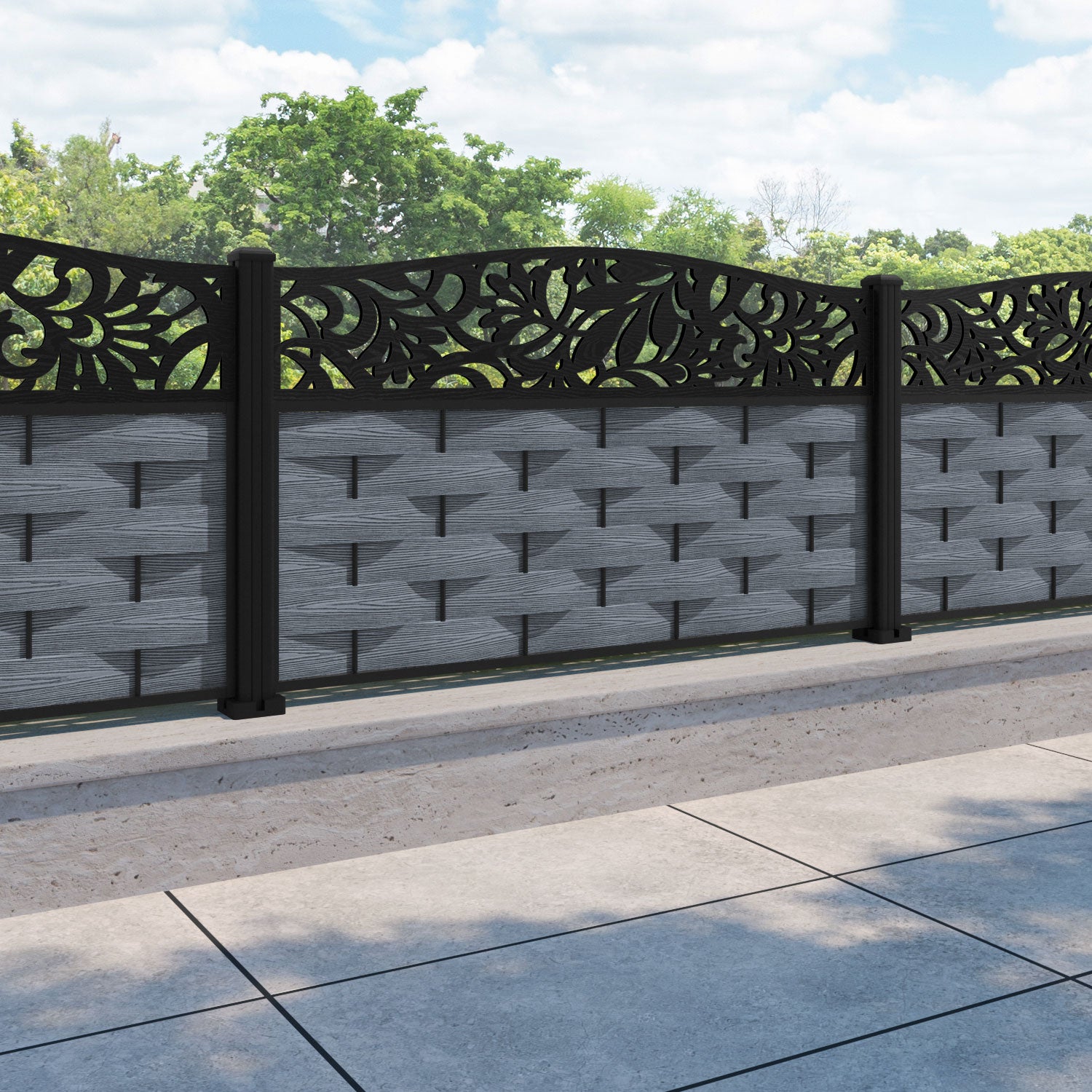 Ripple Heritage Curved Top Fence Panel - Anthracite - with our aluminium posts