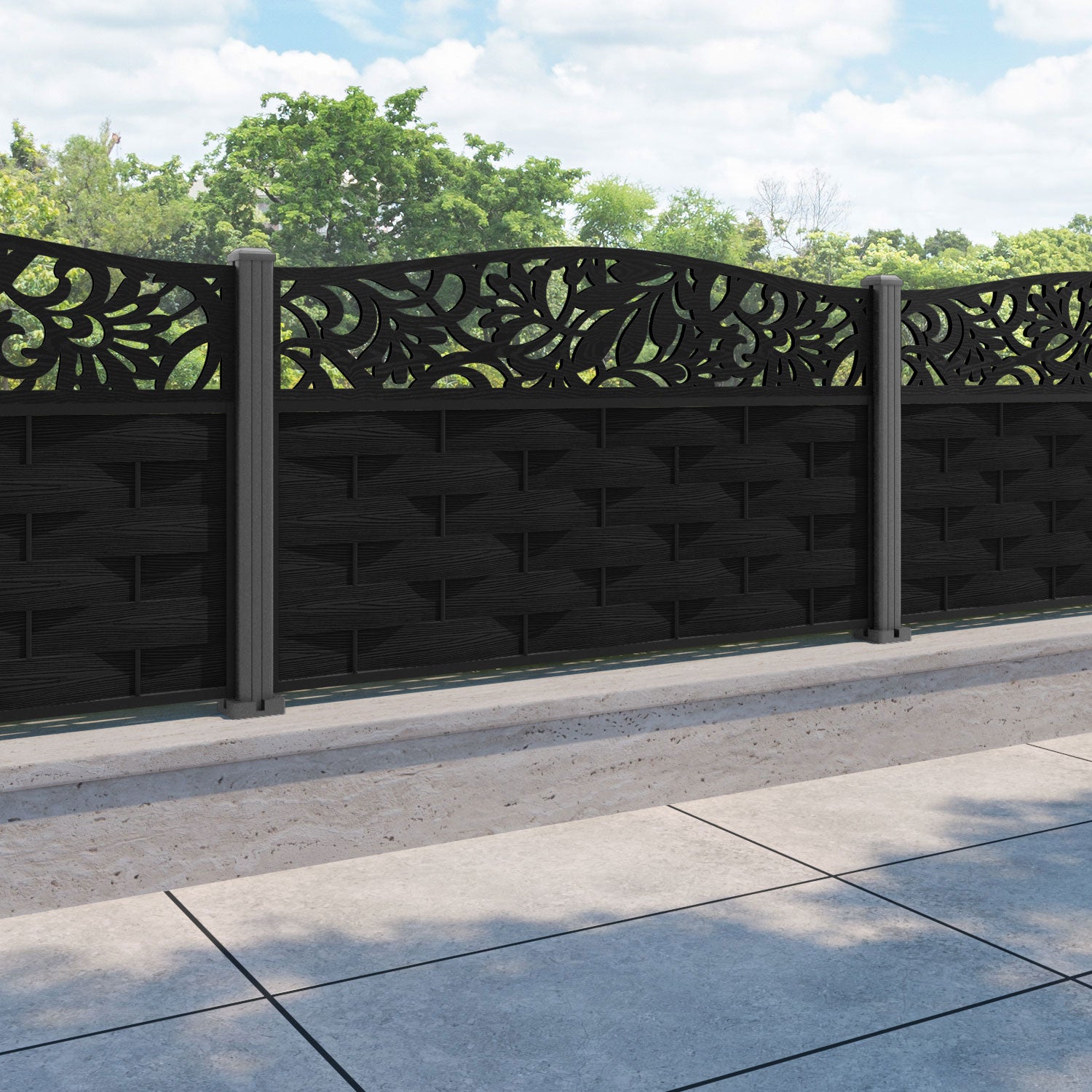 Ripple Heritage Curved Top Fence Panel - Black - with our aluminium posts