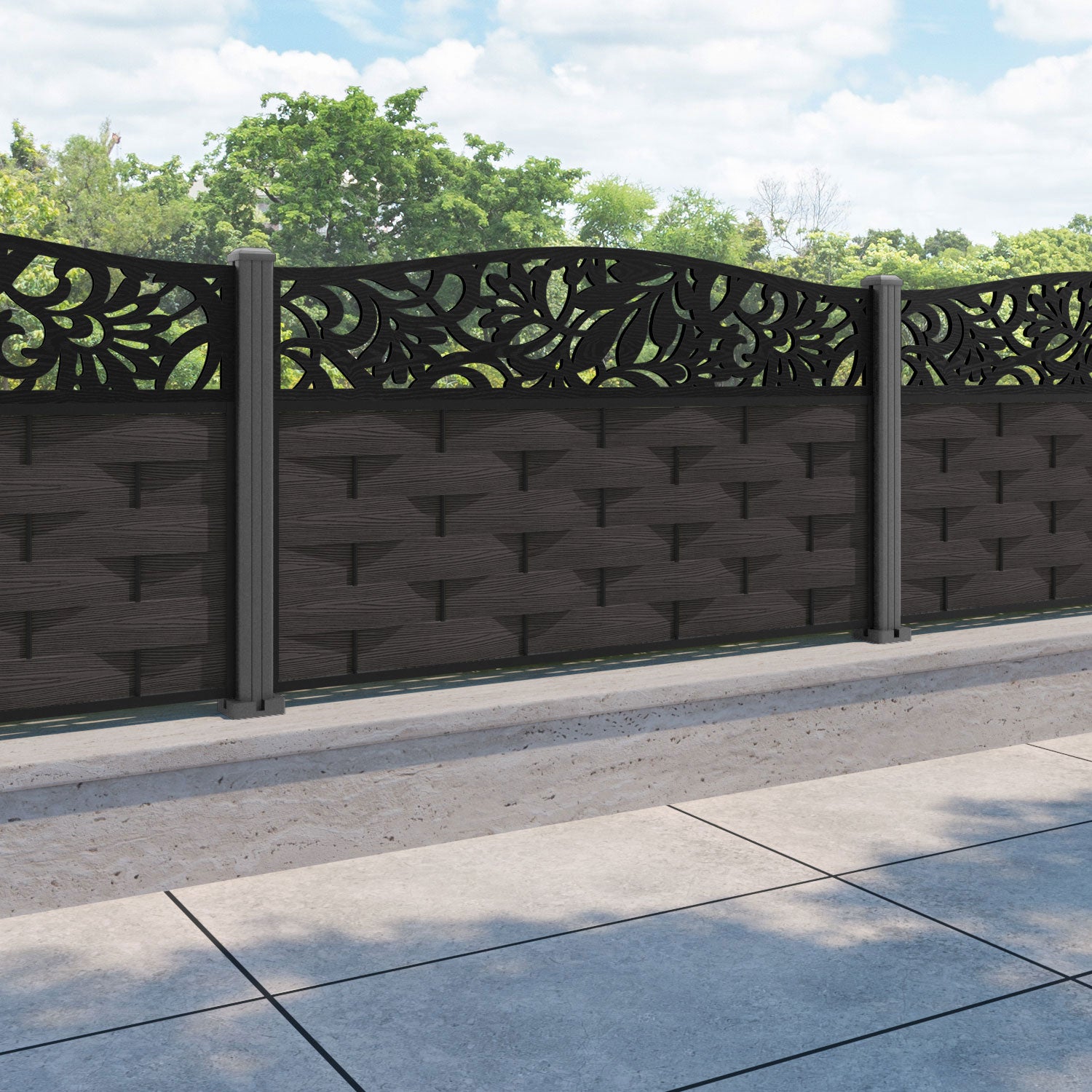 Ripple Heritage Curved Top Fence Panel - Dark Oak - with our aluminium posts