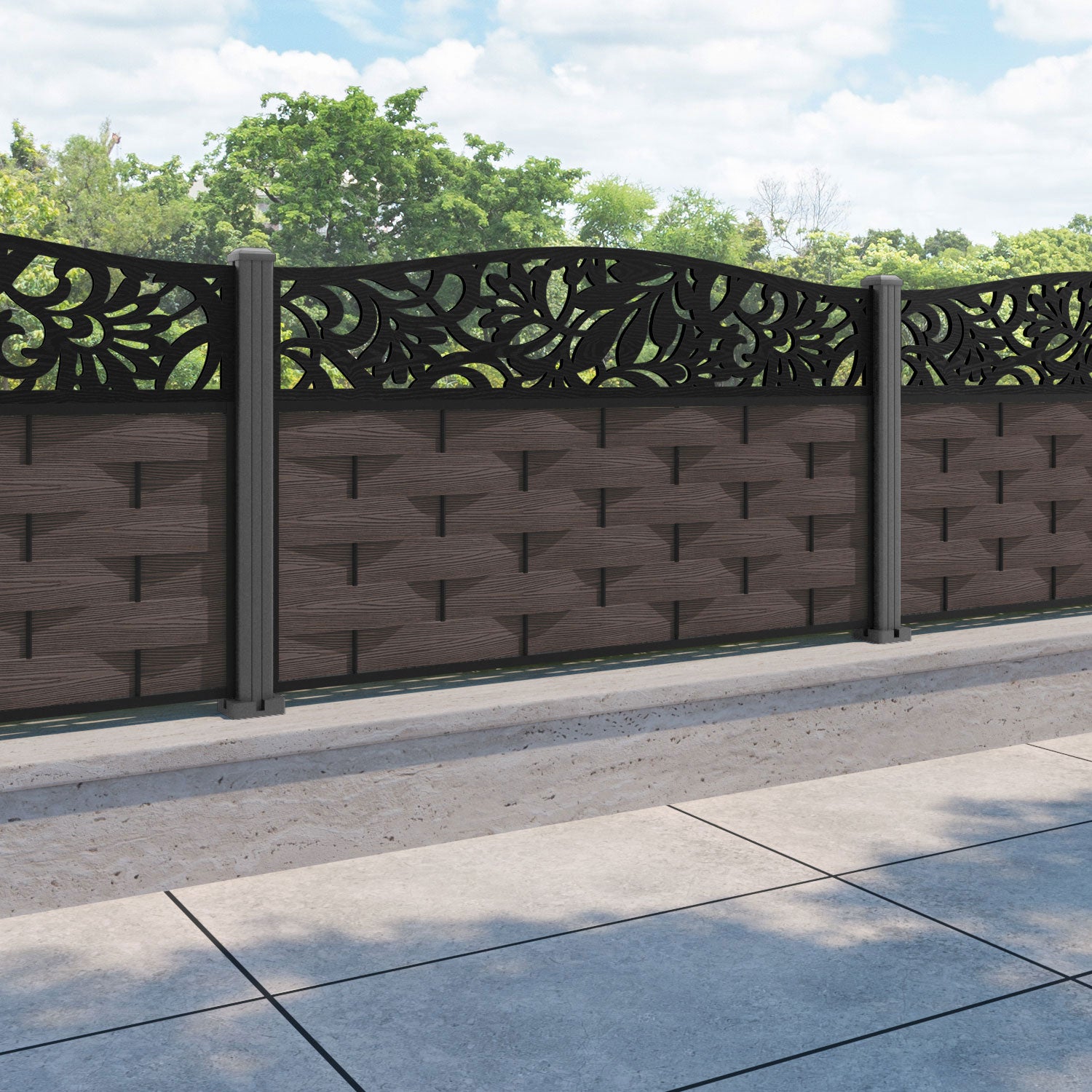 Ripple Heritage Curved Top Fence Panel - Mid Brown - with our aluminium posts