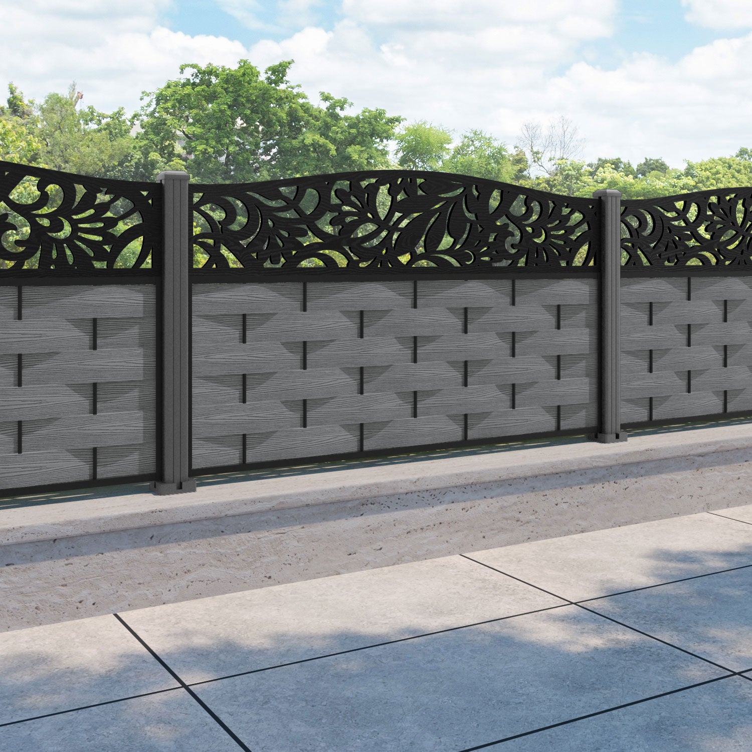 Ripple Heritage Curved Top Fence Panel - Mid Grey - with our aluminium posts