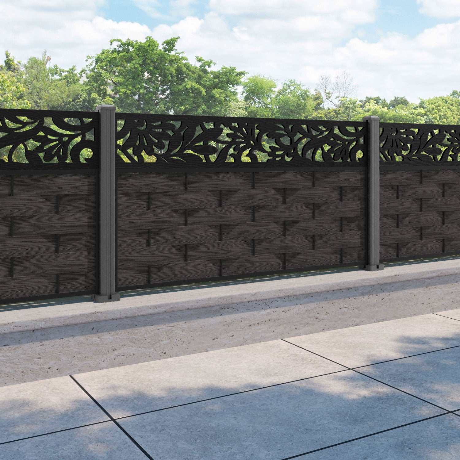 Ripple Heritage Fence Panel - Dark Oak - with our aluminium posts