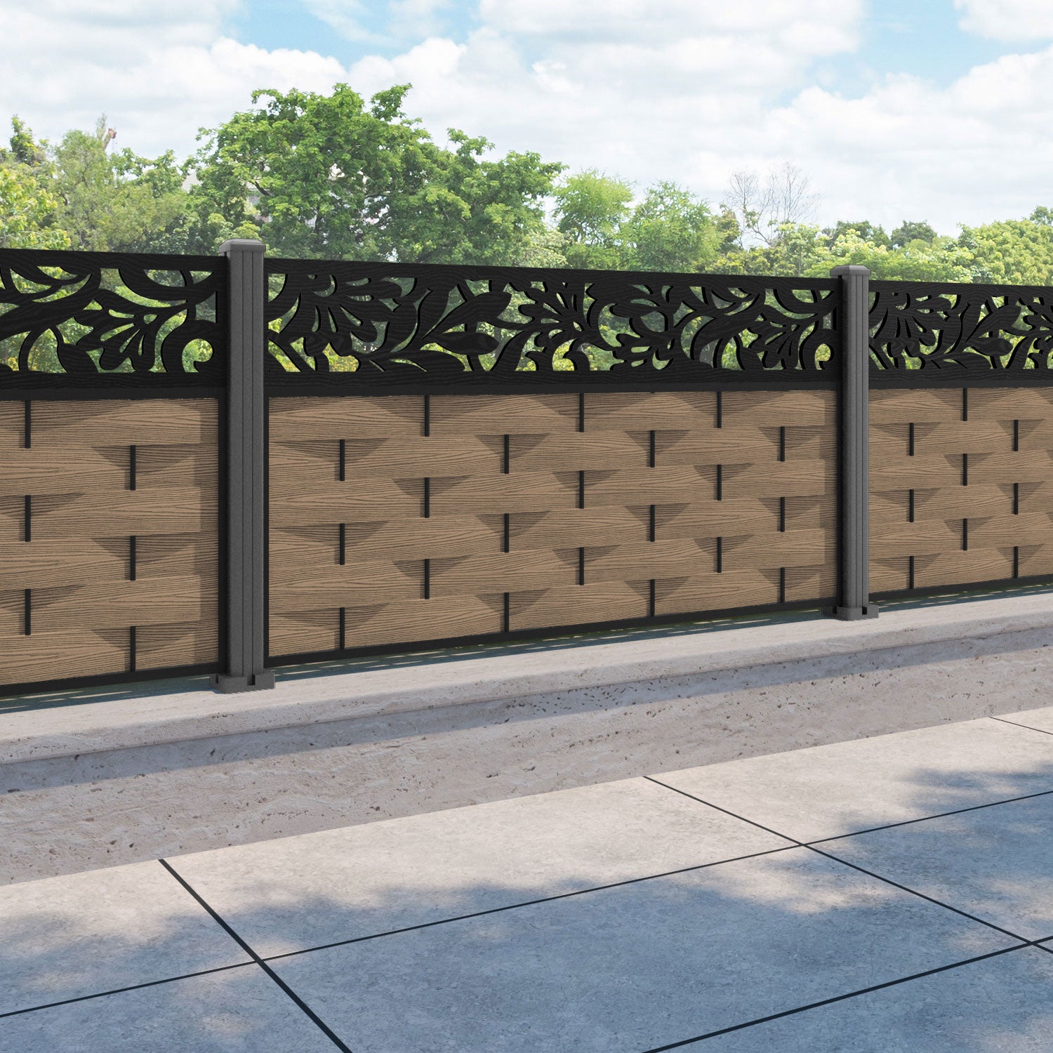 Ripple Heritage Fence Panel - Teak - with our aluminium posts