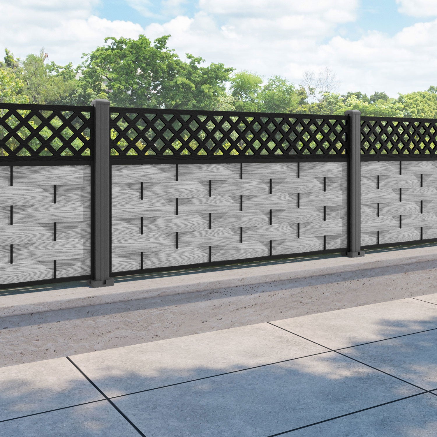 Ripple Hive Fence Panel - Light Grey - with our aluminium posts