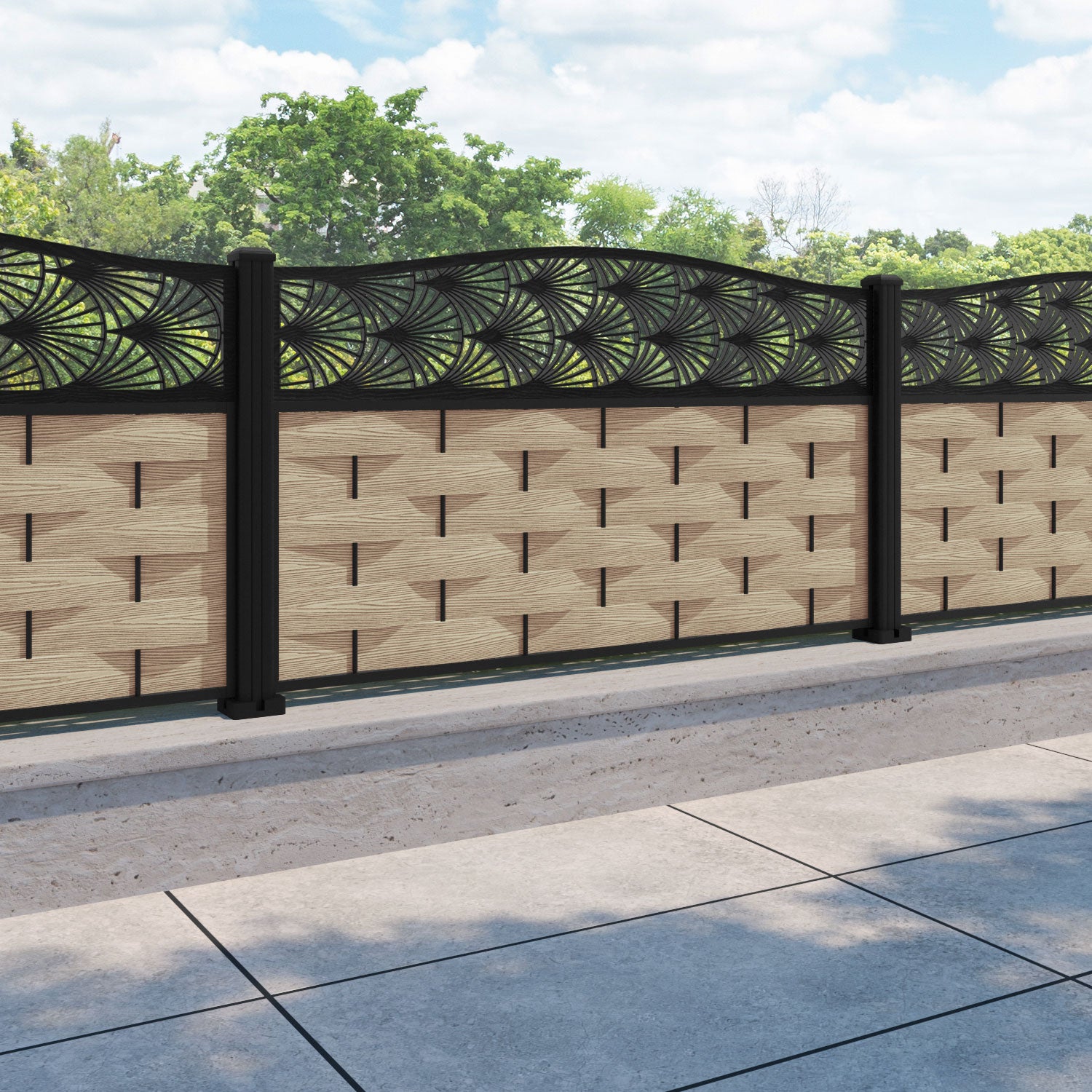 Ripple Laurel Curved Top Fence Panel - Light Oak - with our aluminium posts