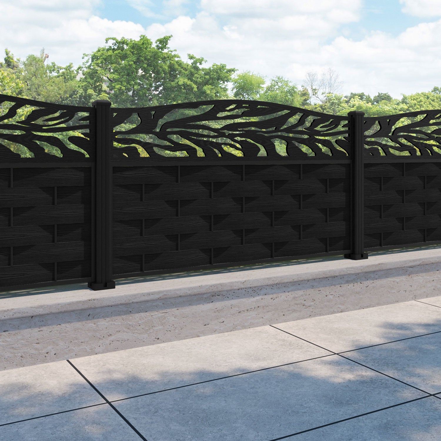 Ripple Malawi Curved Top Fence Panel - Black - with our aluminium posts
