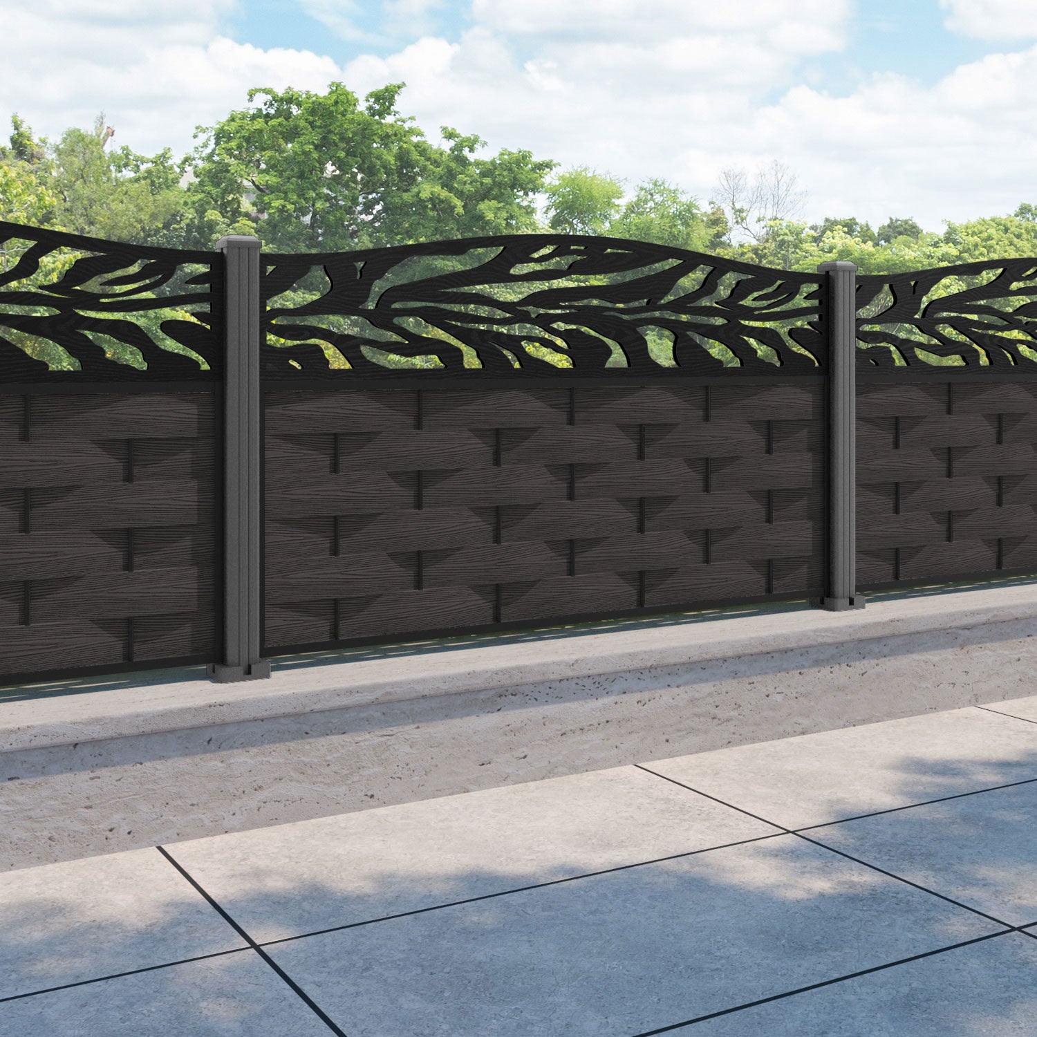 Ripple Malawi Curved Top Fence Panel - Dark Oak - with our aluminium posts