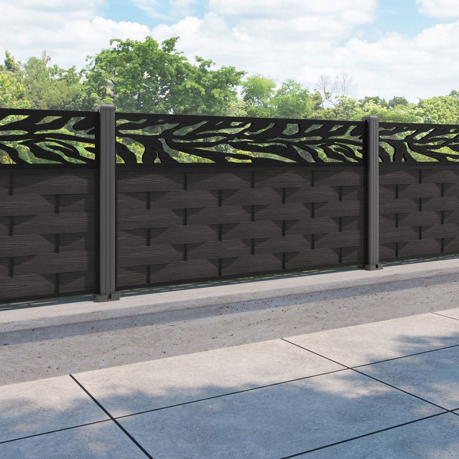 Ripple Malawi Fence Panel - Dark Oak - with our aluminium posts