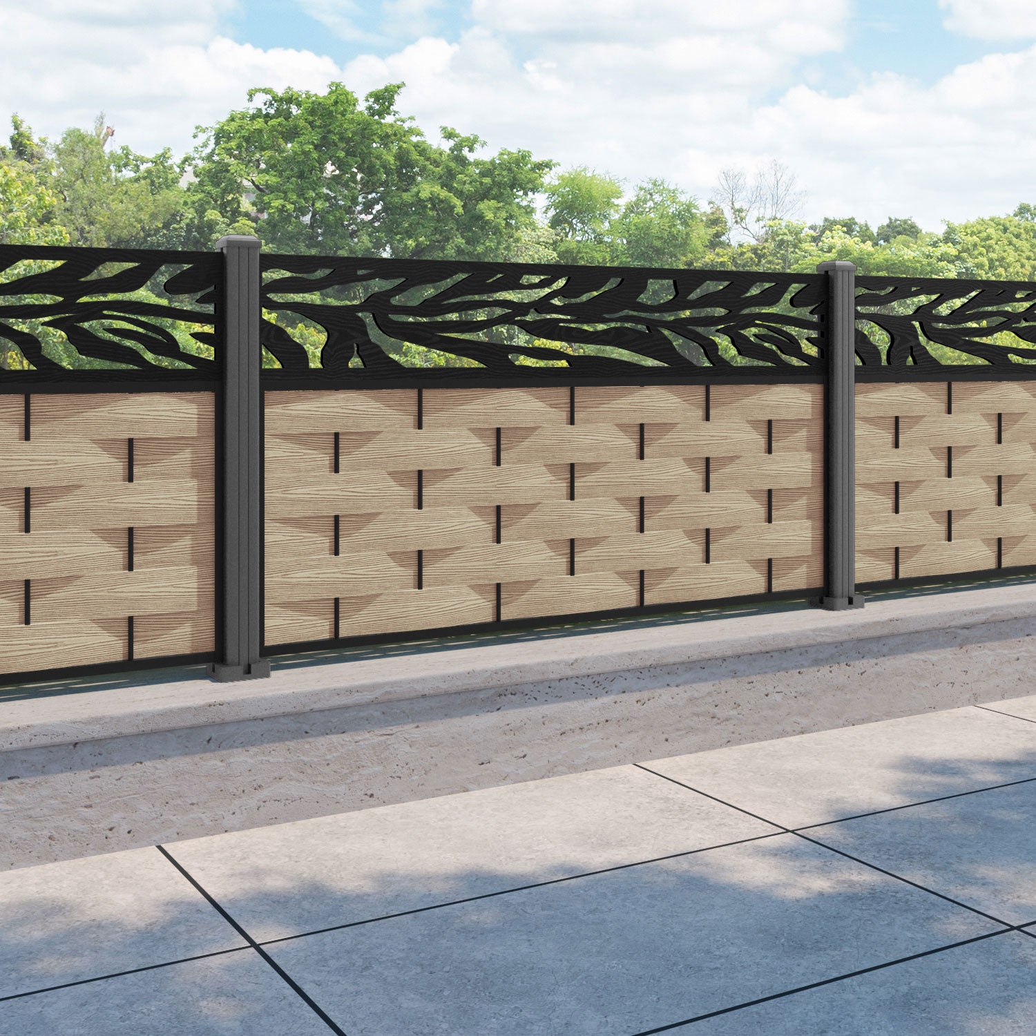 Ripple Malawi Fence Panel - Light Oak - with our aluminium posts