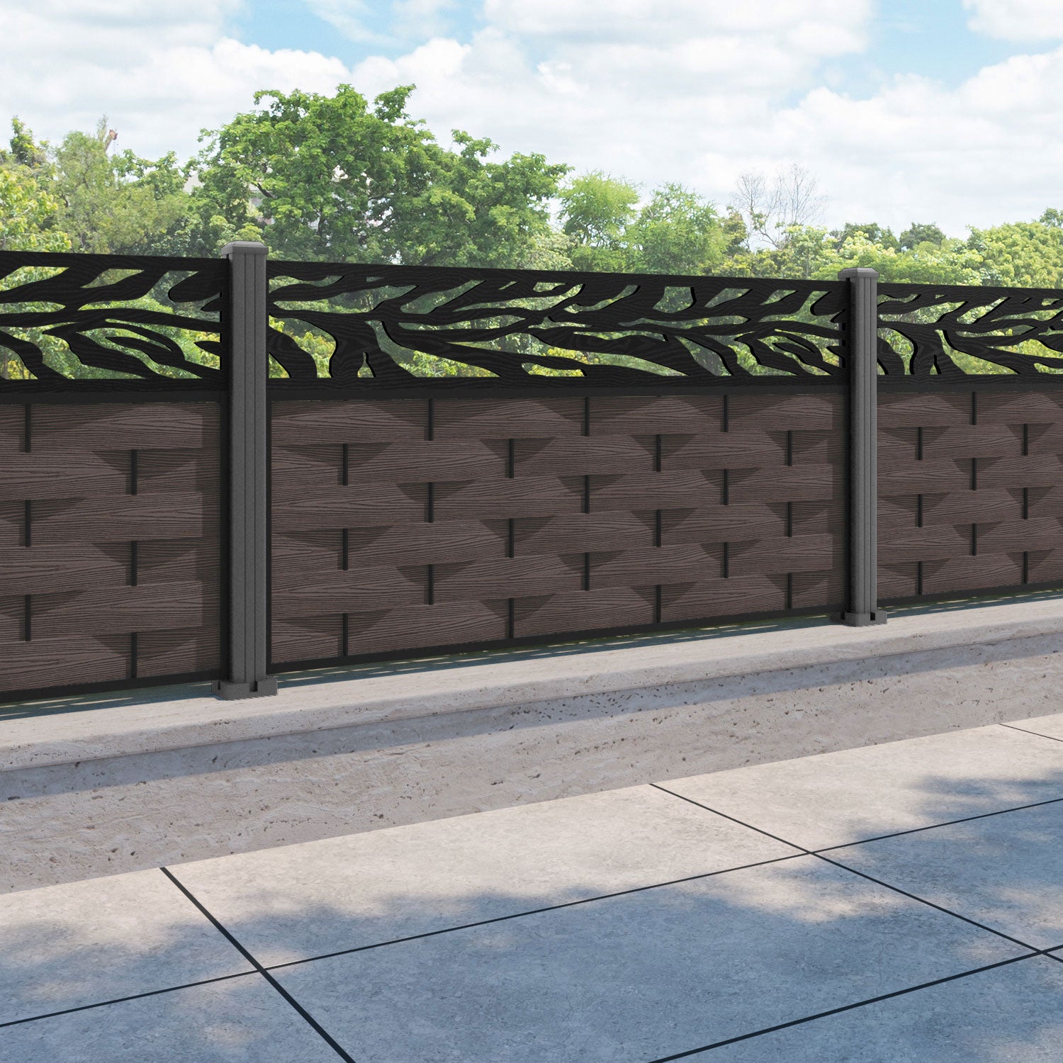 Ripple Malawi Fence Panel - Mid Brown - with our aluminium posts