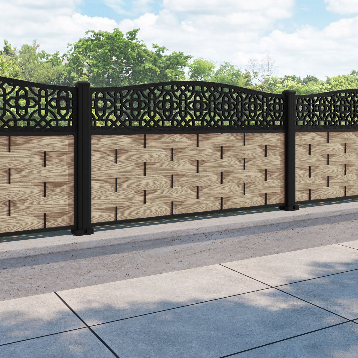 Ripple Nabila Curved Top Fence Panel - Light Oak - with our aluminium posts