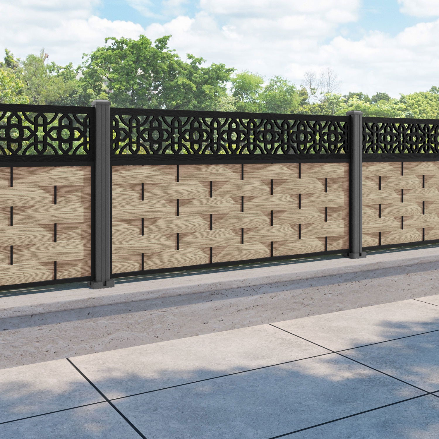 Ripple Nabila Fence Panel - Light Oak - with our aluminium posts