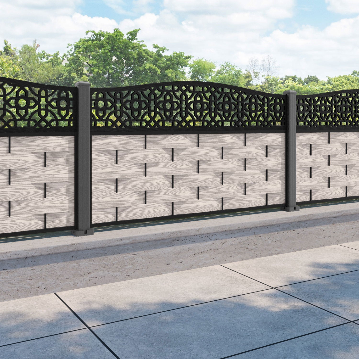 Ripple Nabila Curved Top Fence Panel - Mid Stone - with our aluminium posts