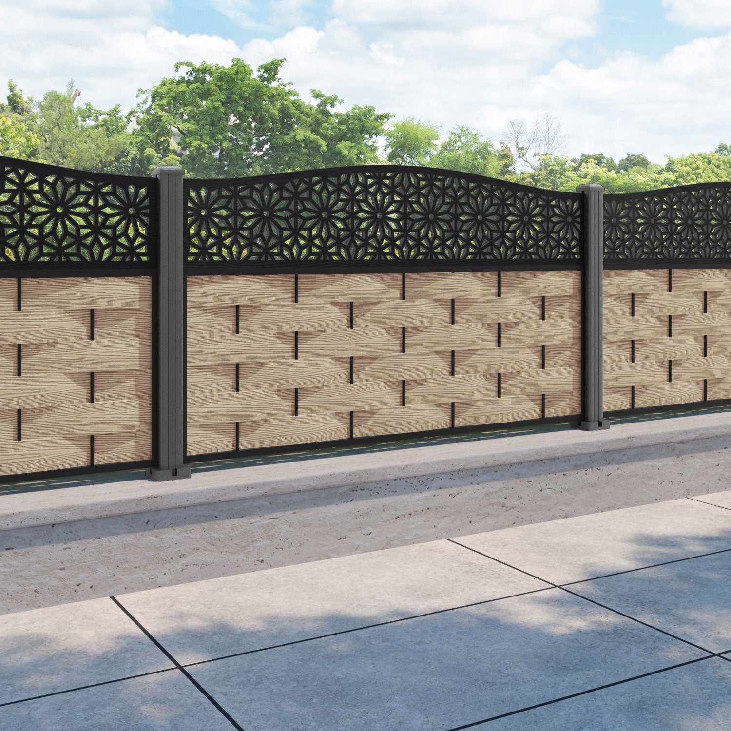 Ripple Narwa Curved Top Fence Panel - Light Oak - with our aluminium posts