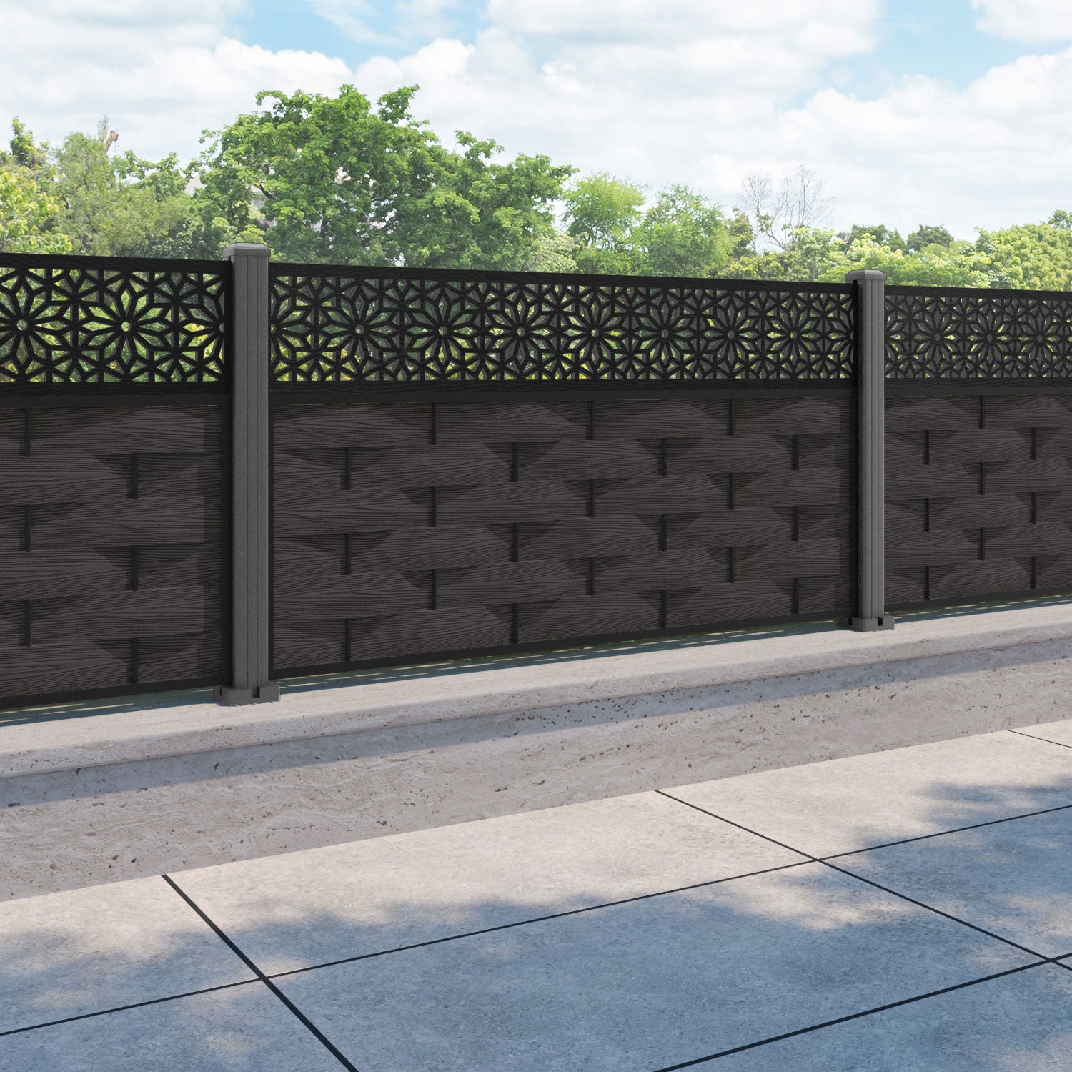 Ripple Narwa Fence Panel - Dark Oak - with our aluminium posts