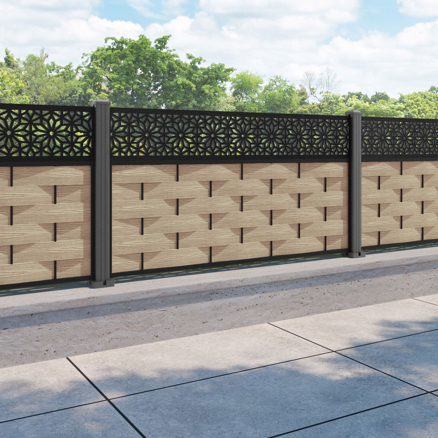 Ripple Narwa Fence Panel - Light Oak - with our aluminium posts