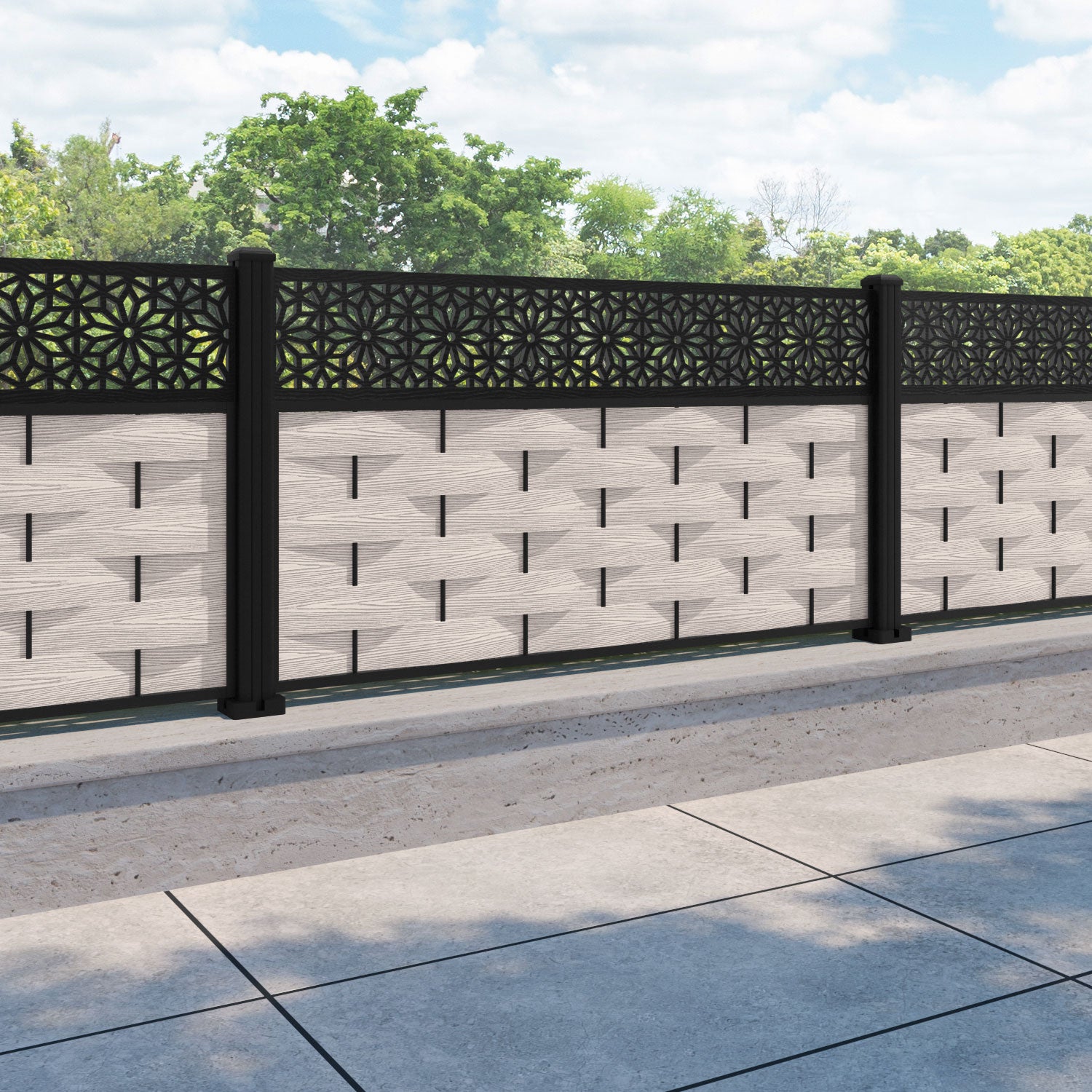 Ripple Narwa Fence Panel - Mid Stone - with our aluminium posts