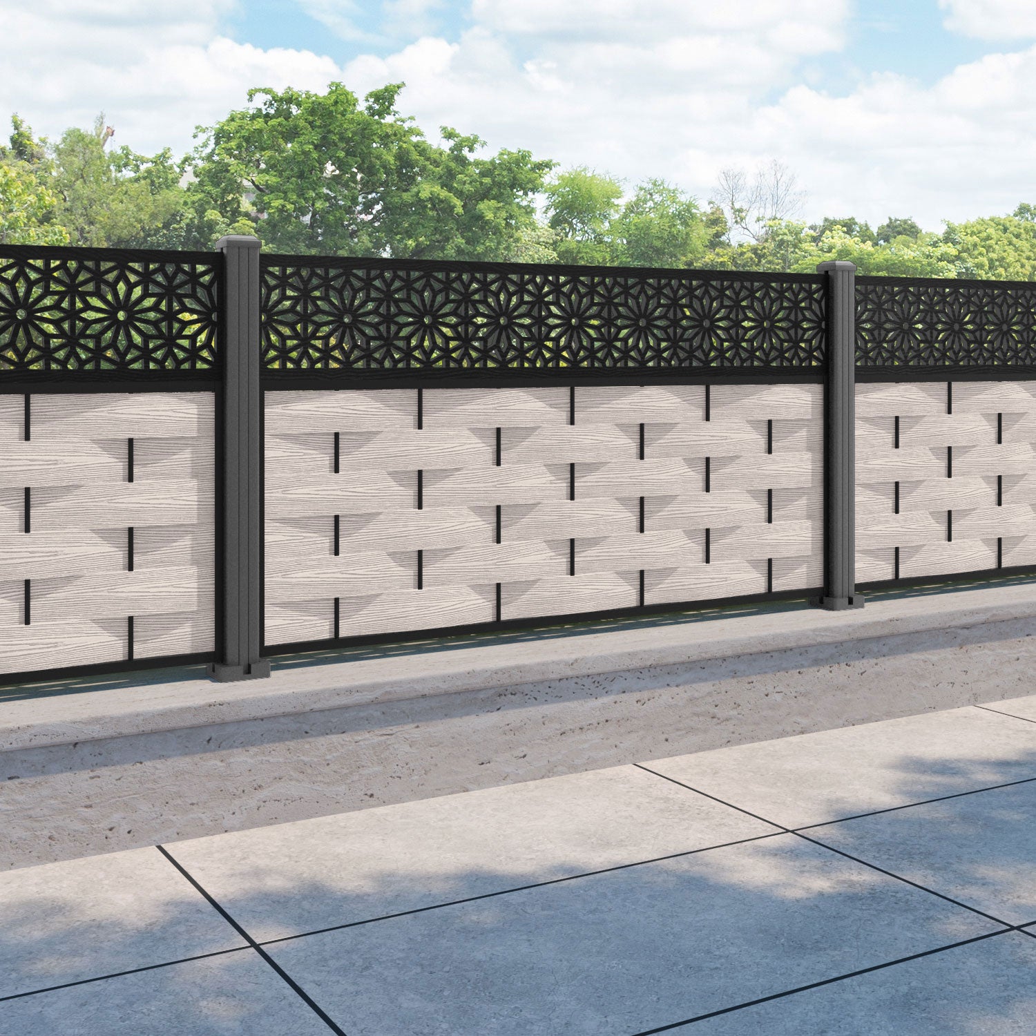 Ripple Narwa Fence Panel - Mid Stone - with our aluminium posts