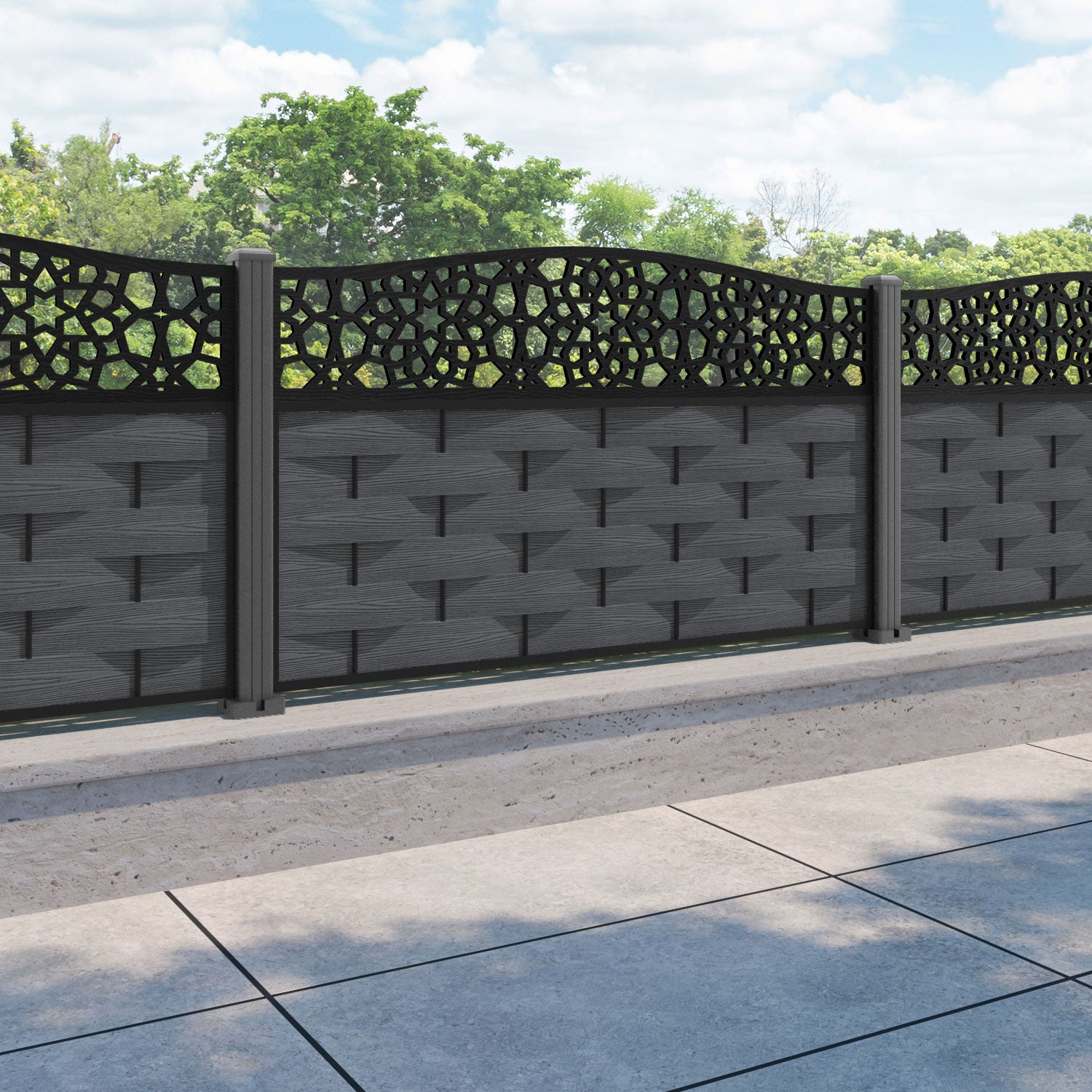 Ripple Nazira Curved Top Fence Panel - Dark Grey - with our aluminium posts