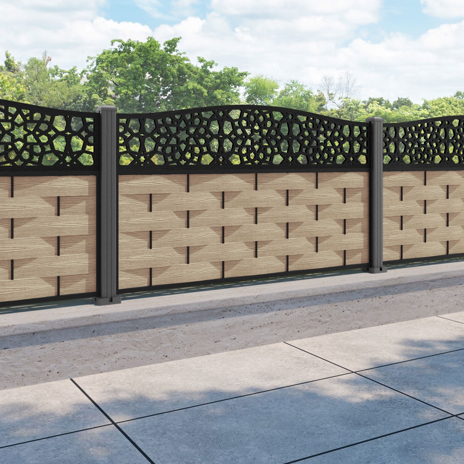 Ripple Nazira Curved Top Fence Panel - Light Oak - with our aluminium posts