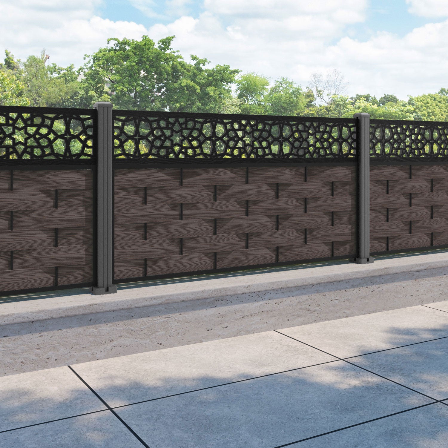 Ripple Nazira Fence Panel - Mid Brown - with our aluminium posts