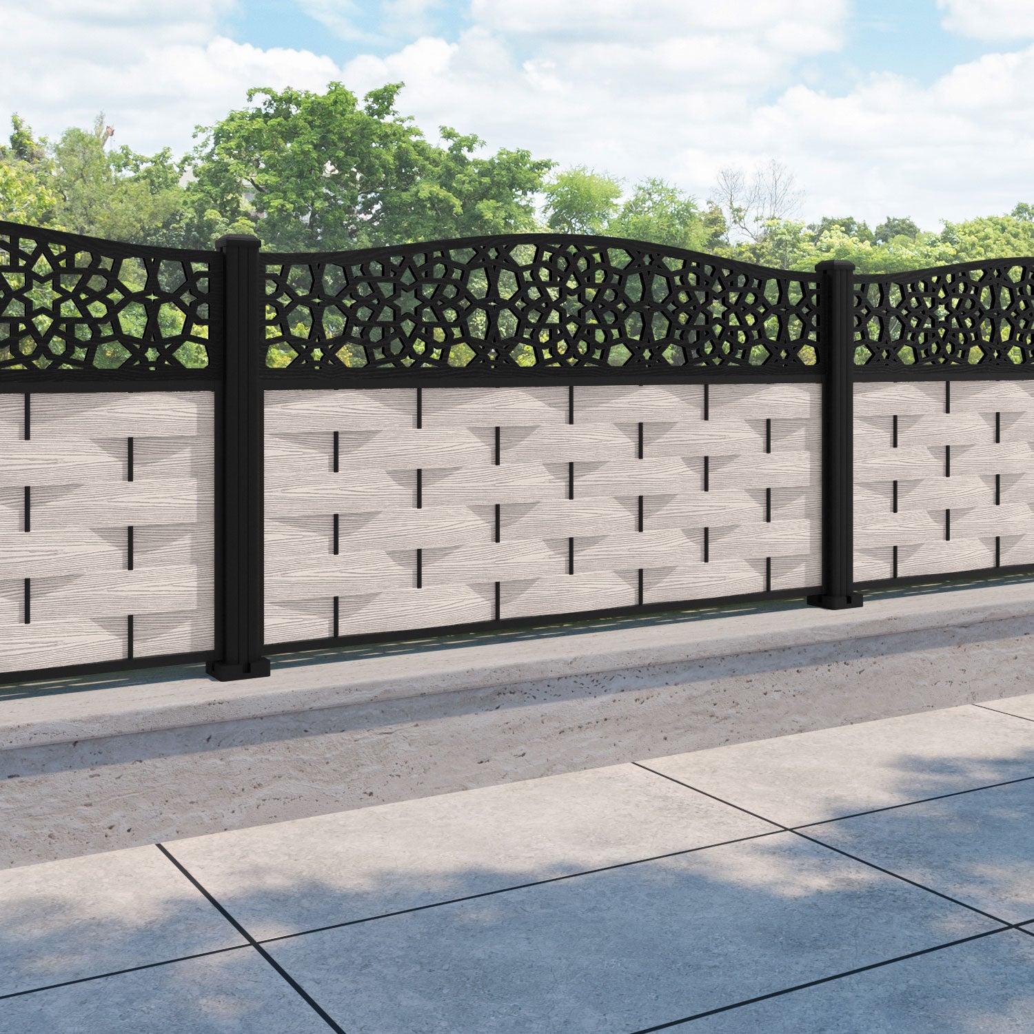 Ripple Nazira Curved Top Fence Panel - Mid Stone - with our aluminium posts