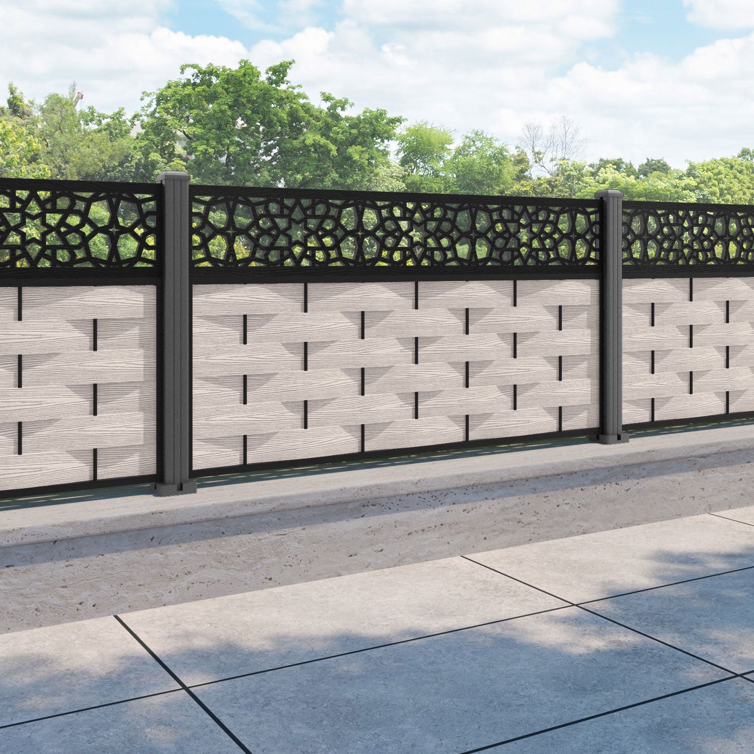 Ripple Nazira Fence Panel - Mid Stone - with our aluminium posts