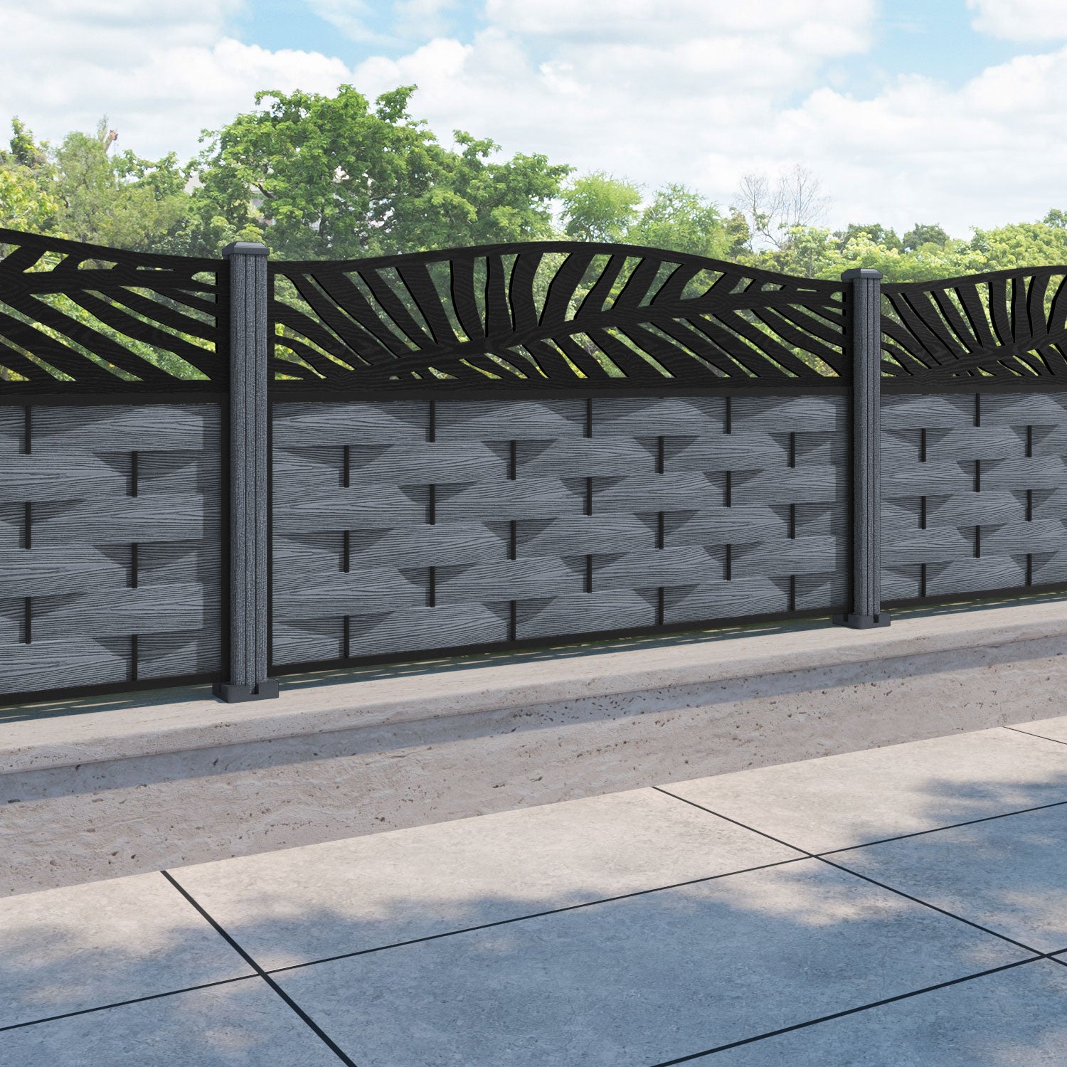 Ripple Palm Curved Top Fence Panel - Anthracite - with our composite posts