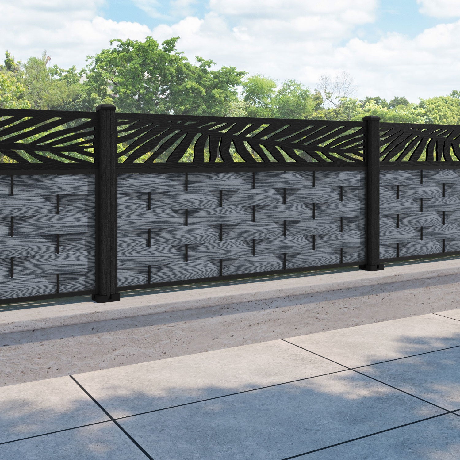 Ripple Palm Fence Panel - Anthracite - with our composite posts