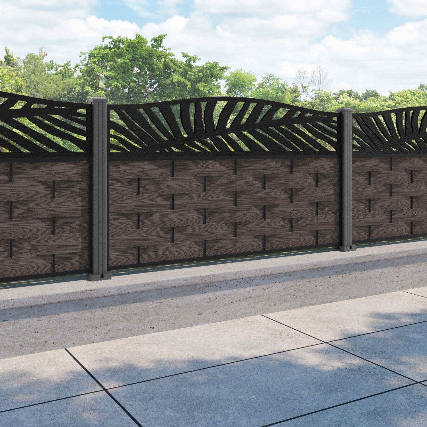 Ripple Palm Curved Top Fence Panel - Mid Brown - with our aluminium posts