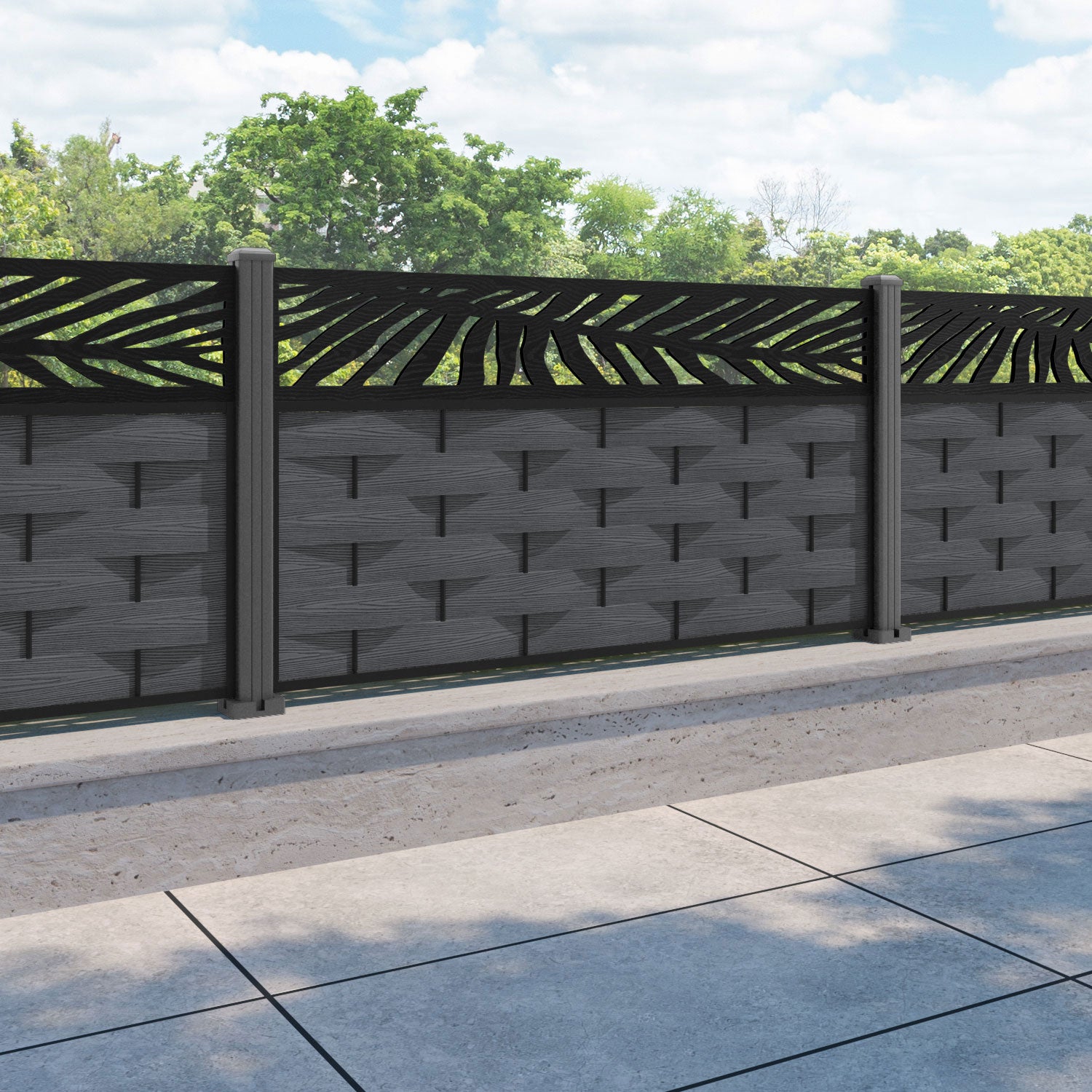 Ripple Palm Fence Panel - Dark Grey - with our aluminium posts