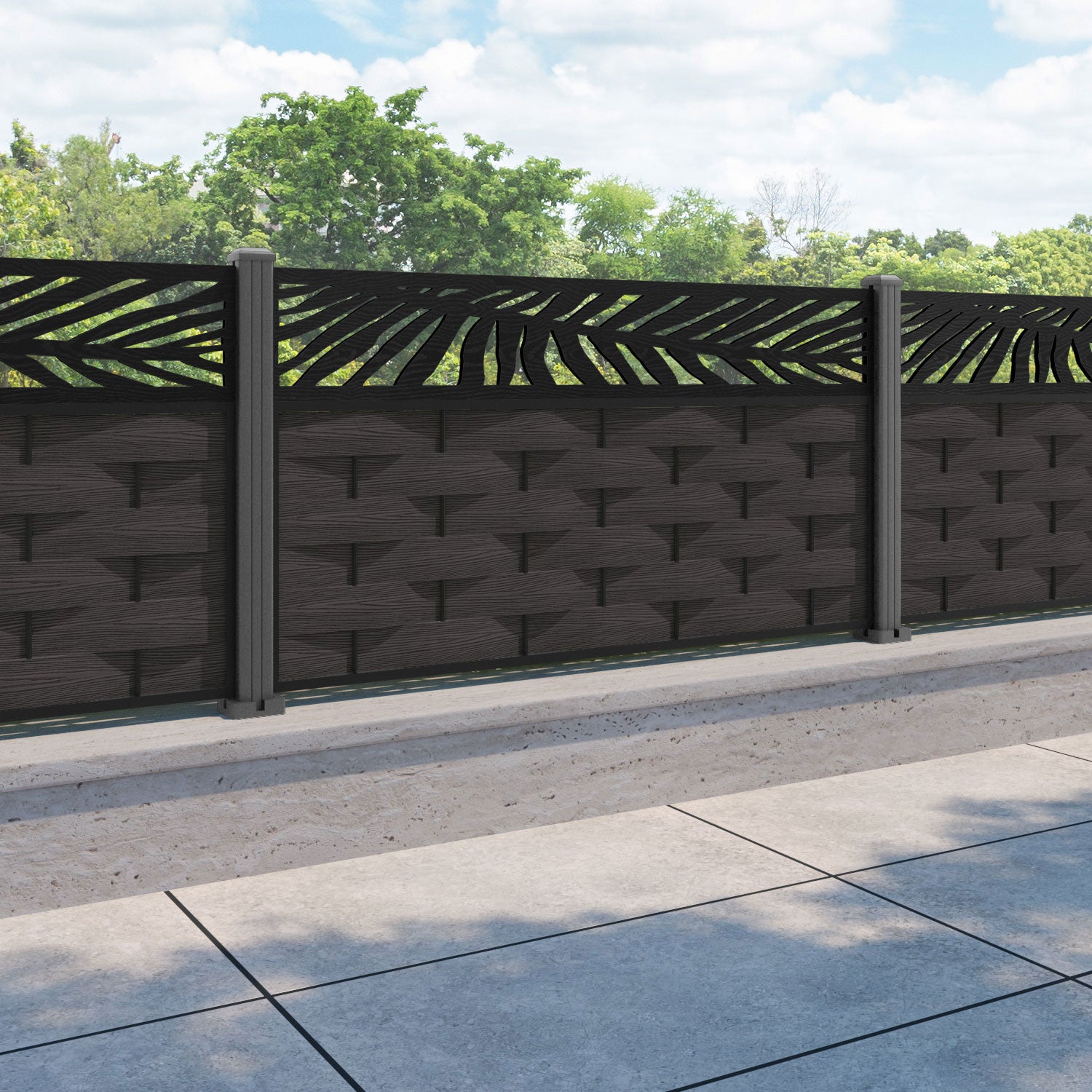 Ripple Palm Fence Panel - Dark Oak - with our aluminium posts