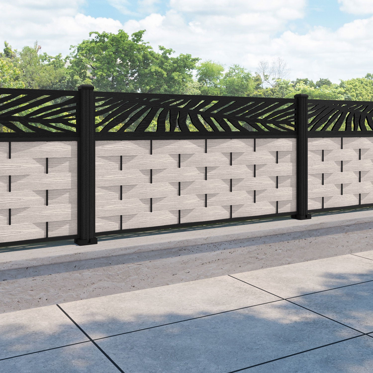 Ripple Palm Fence Panel - Mid Stone - with our composite posts