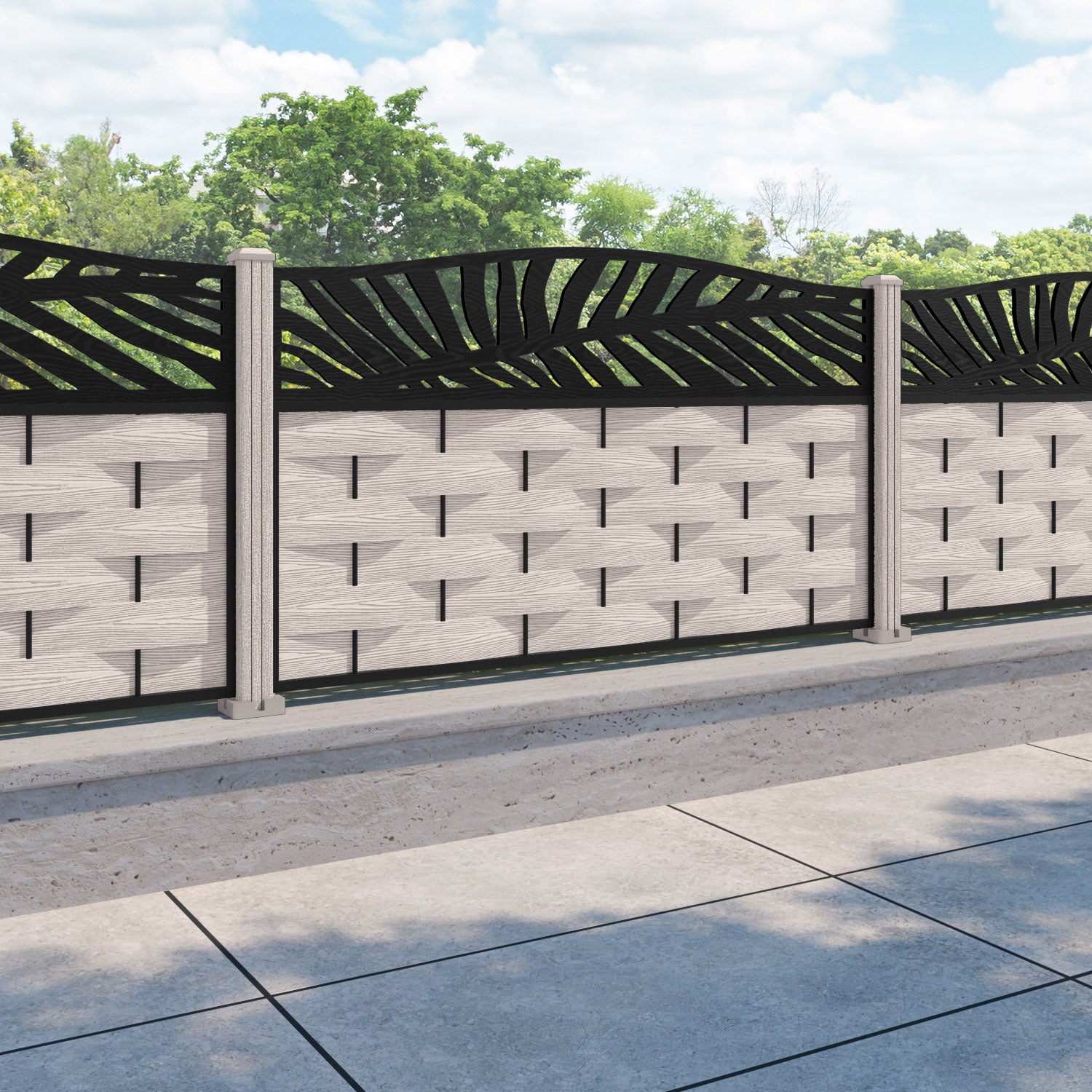 Ripple Palm Curved Top Fence Panel - Mid Stone - with our composite posts