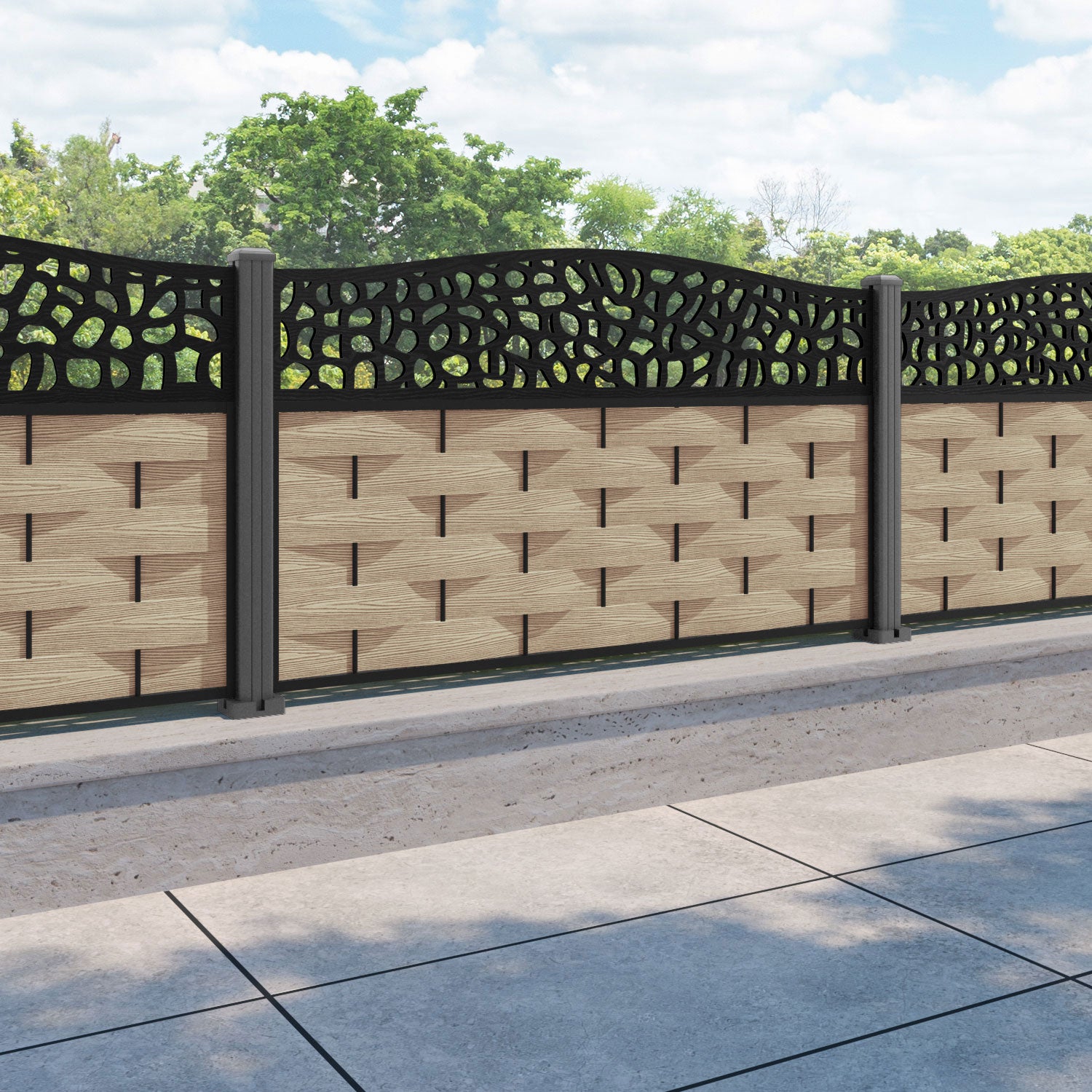 Ripple Pebble Curved Top Fence Panel - Light Oak - with our aluminium posts