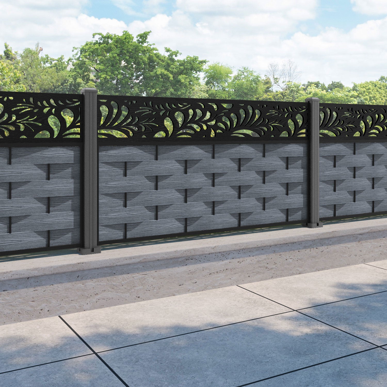 Ripple Petal Fence Panel - Anthracite - with our aluminium posts