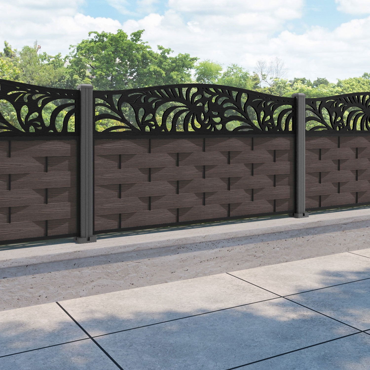 Ripple Petal Curved Top Fence Panel - Mid Brown - with our aluminium posts