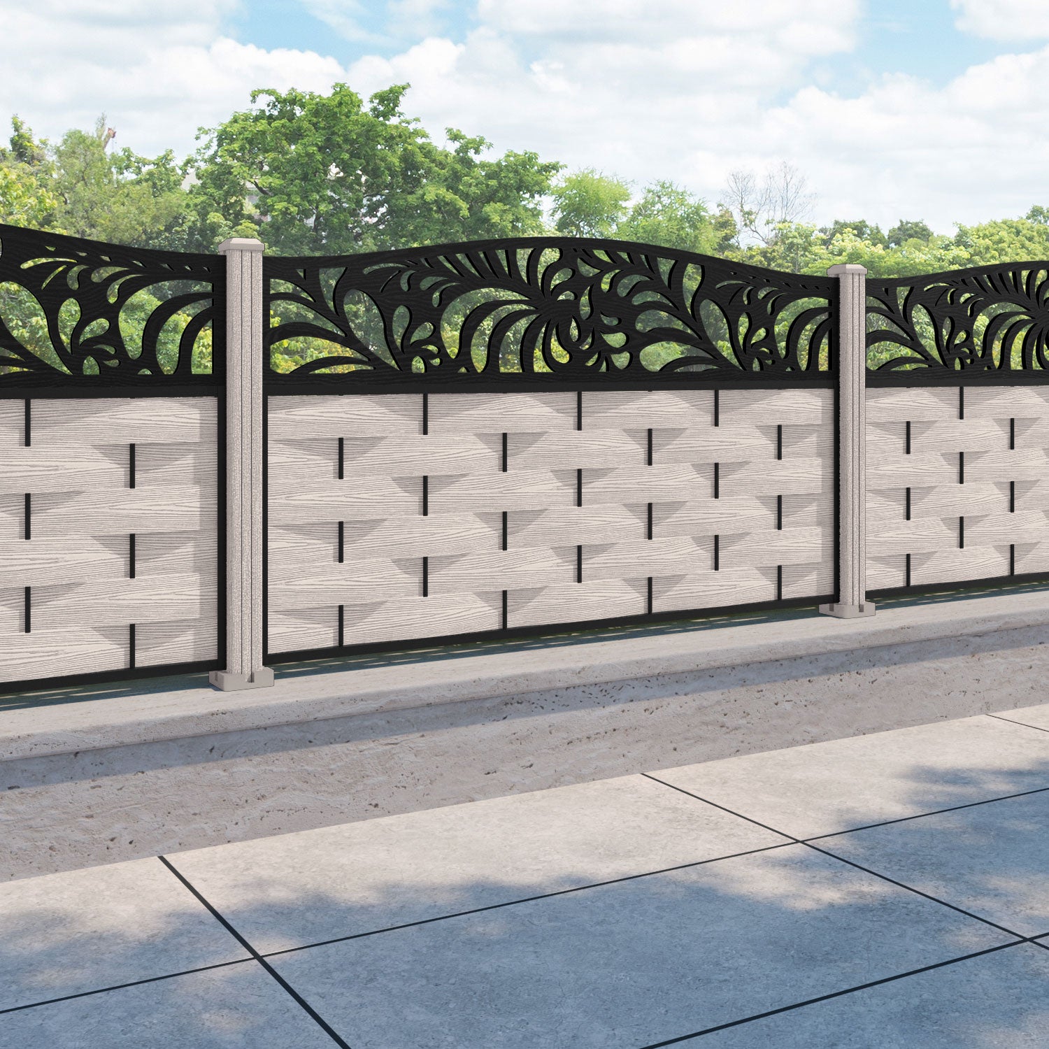 Ripple Petal Curved Top Fence Panel - Mid Stone - with our composite posts