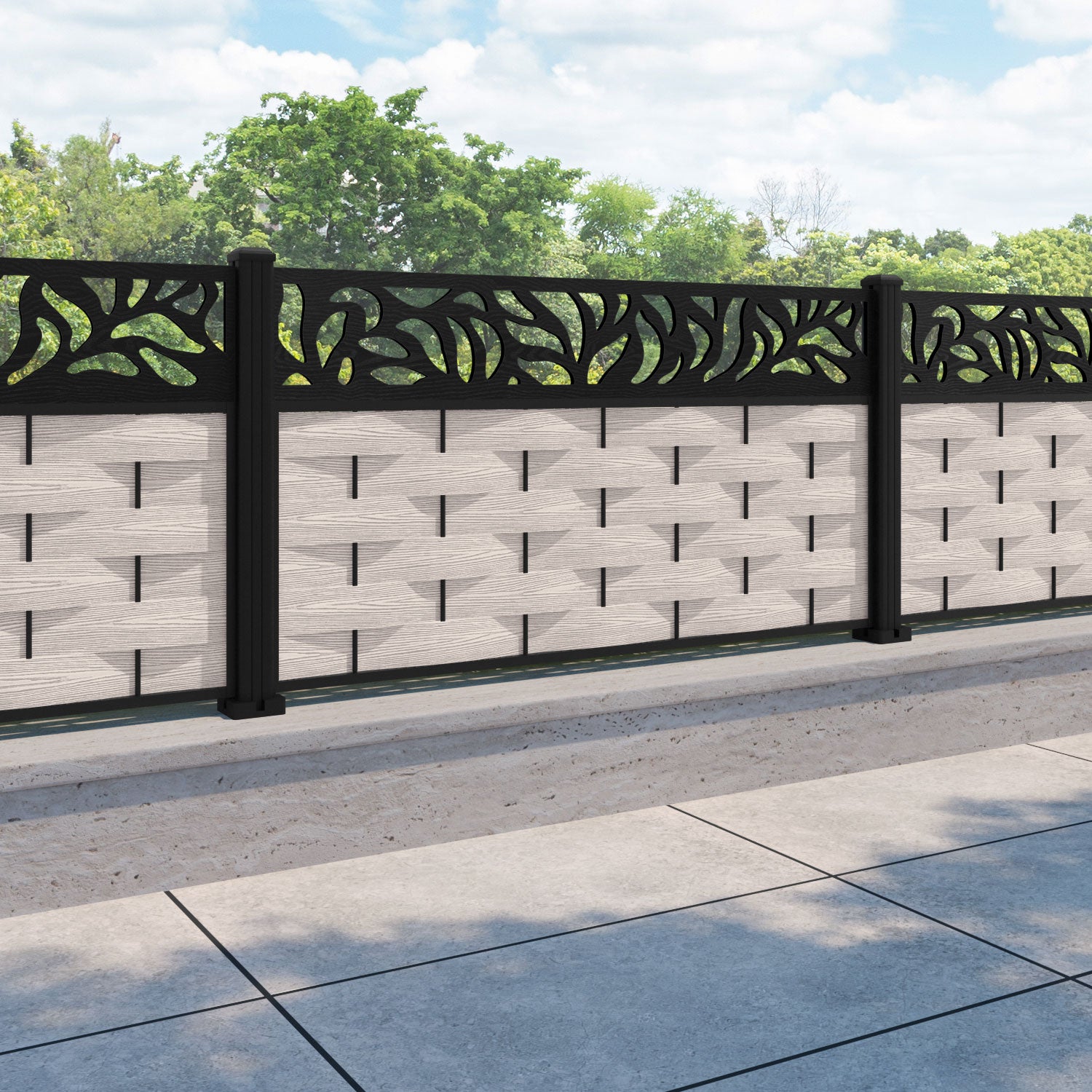 Ripple Plume Fence Panel - Mid Stone - with our aluminium posts