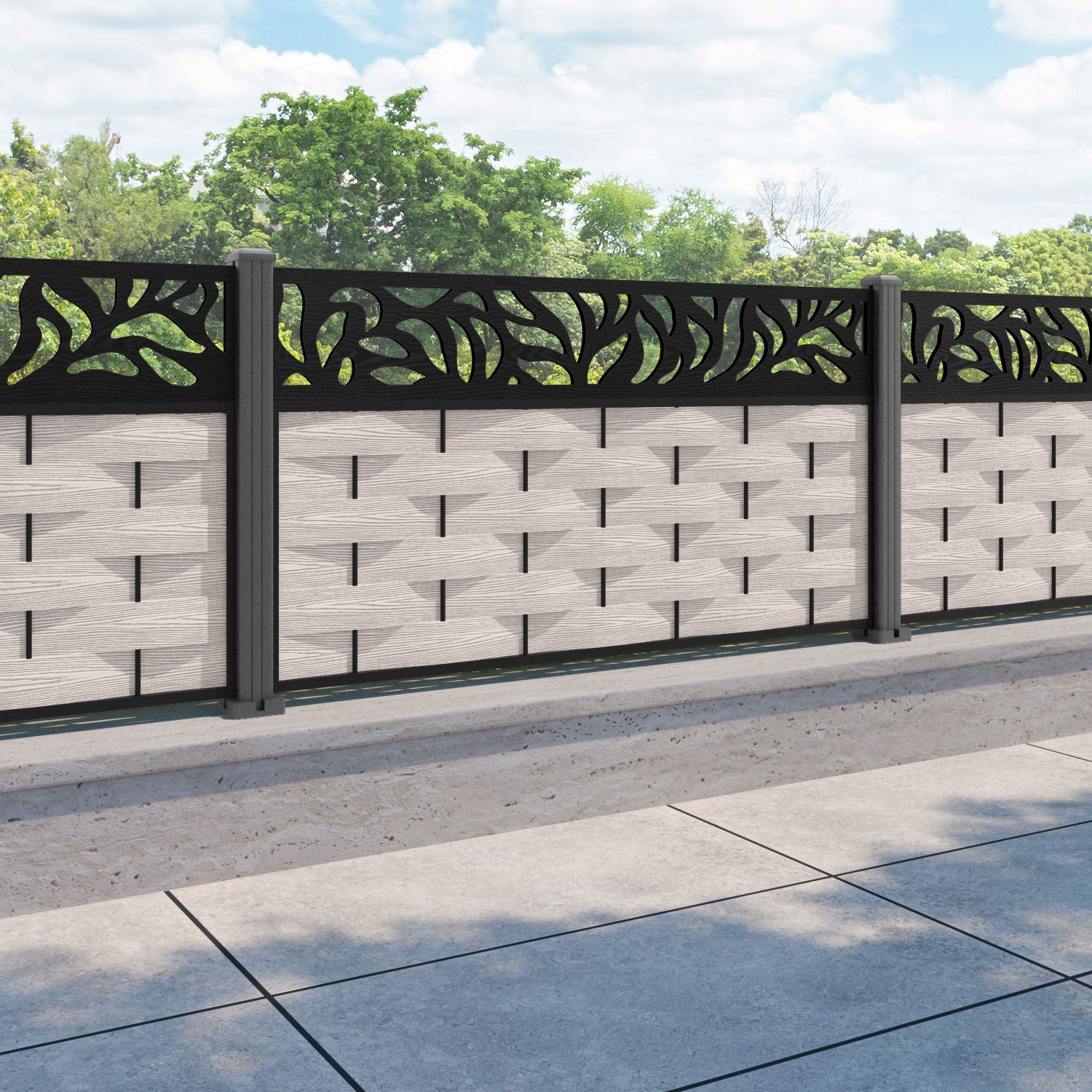 Ripple Plume Fence Panel - Mid Stone - with our aluminium posts