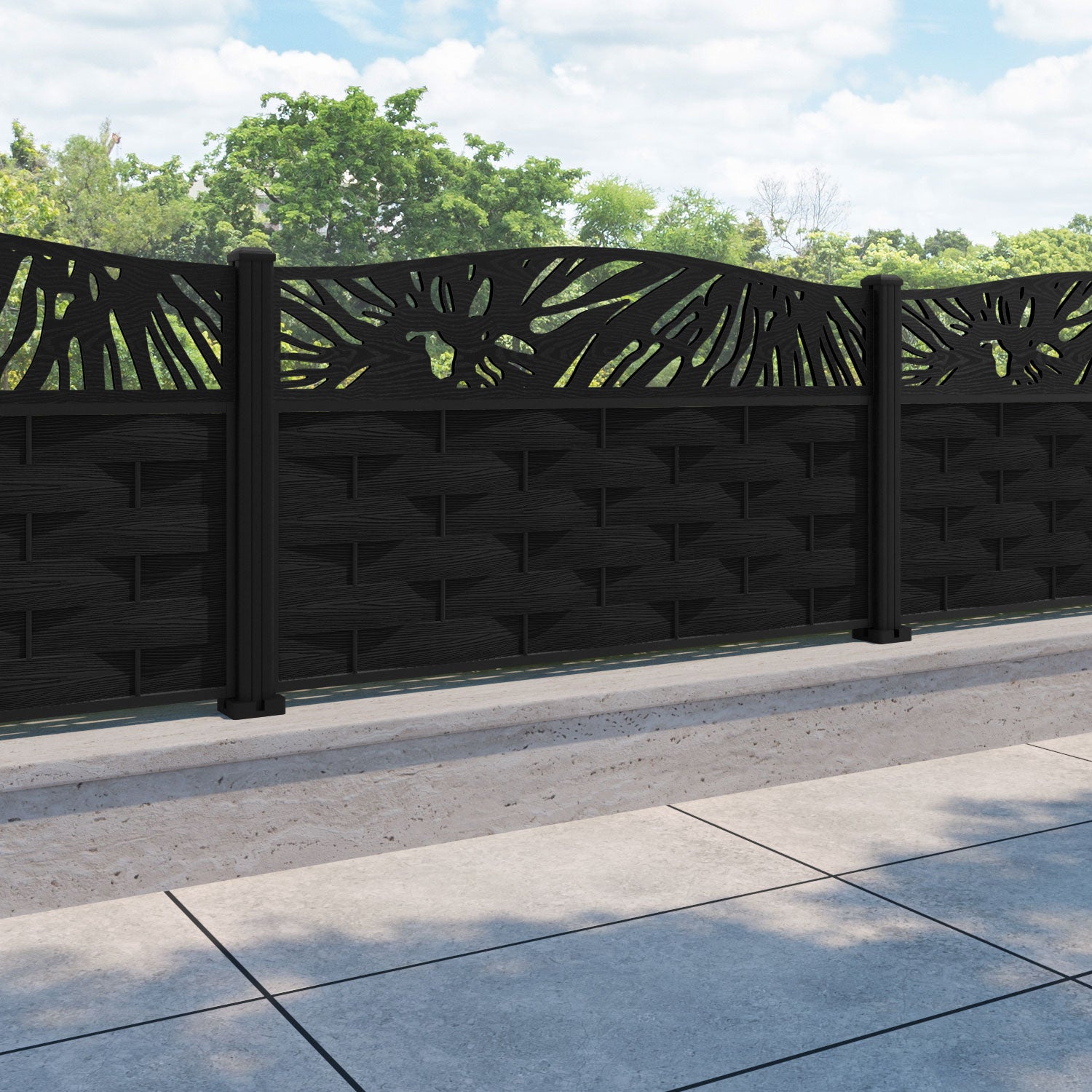 Ripple Poppy Curved Top Fence Panel - Black - with our aluminium posts