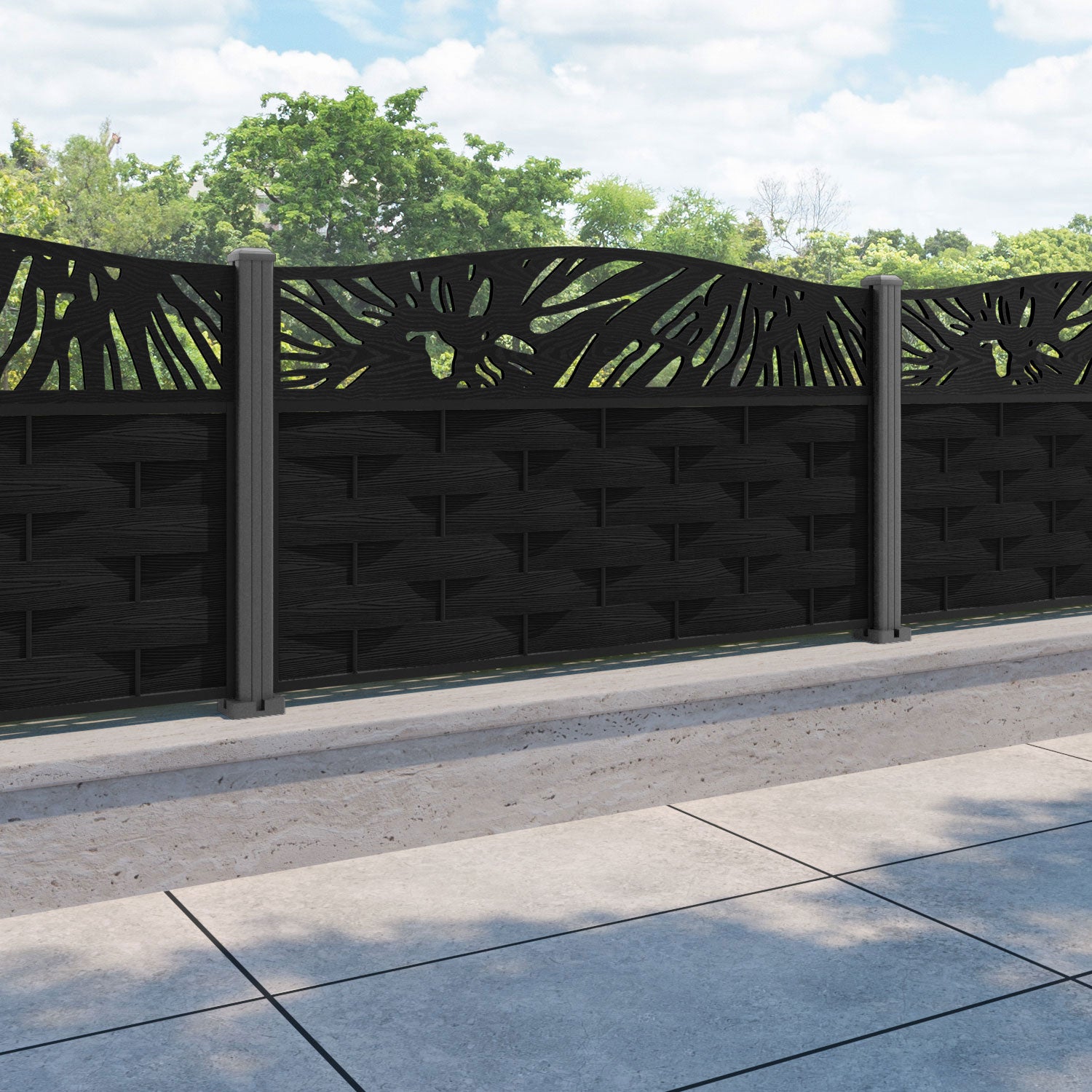 Ripple Poppy Curved Top Fence Panel - Black - with our aluminium posts