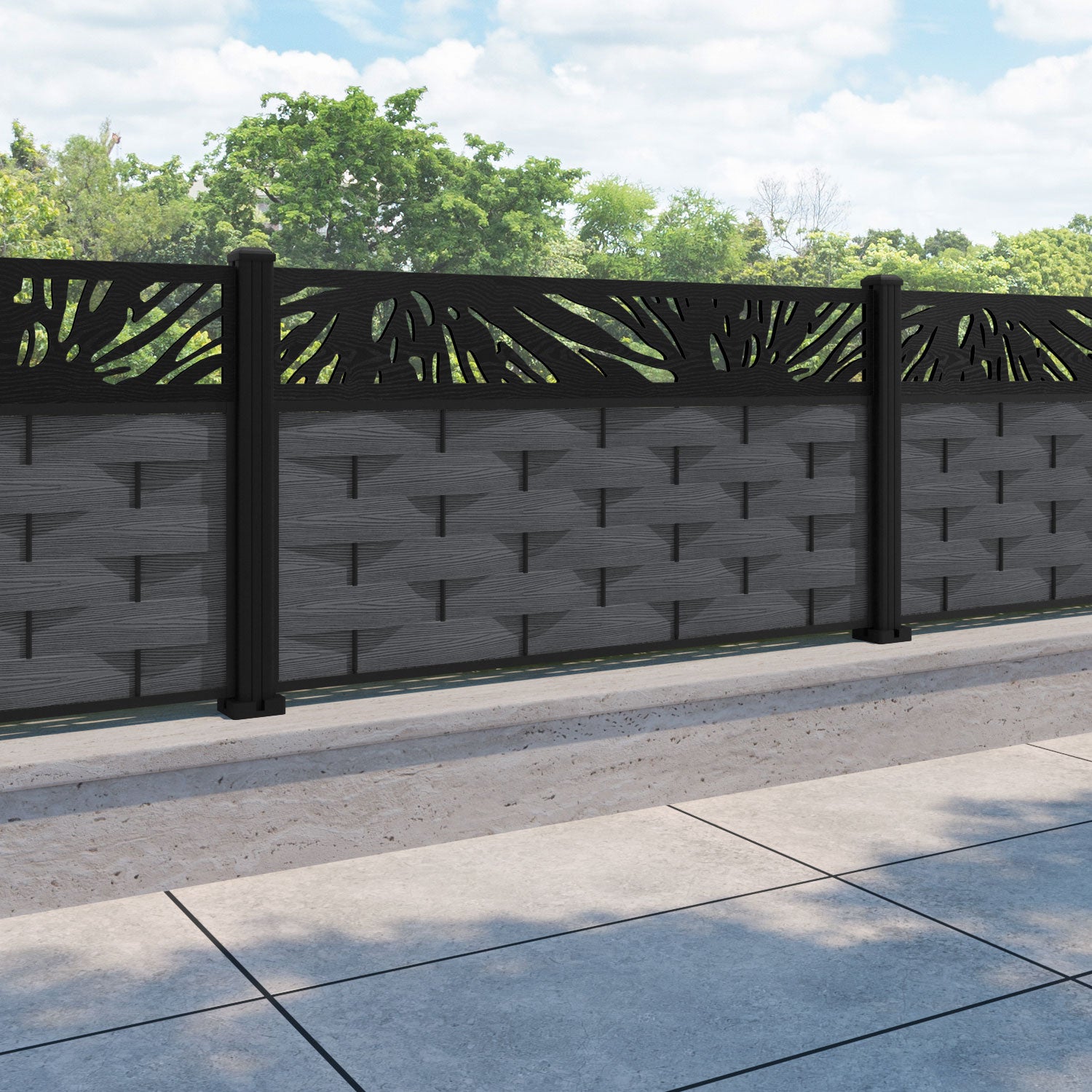 Ripple Poppy Fence Panel - Dark Grey - with our aluminium posts