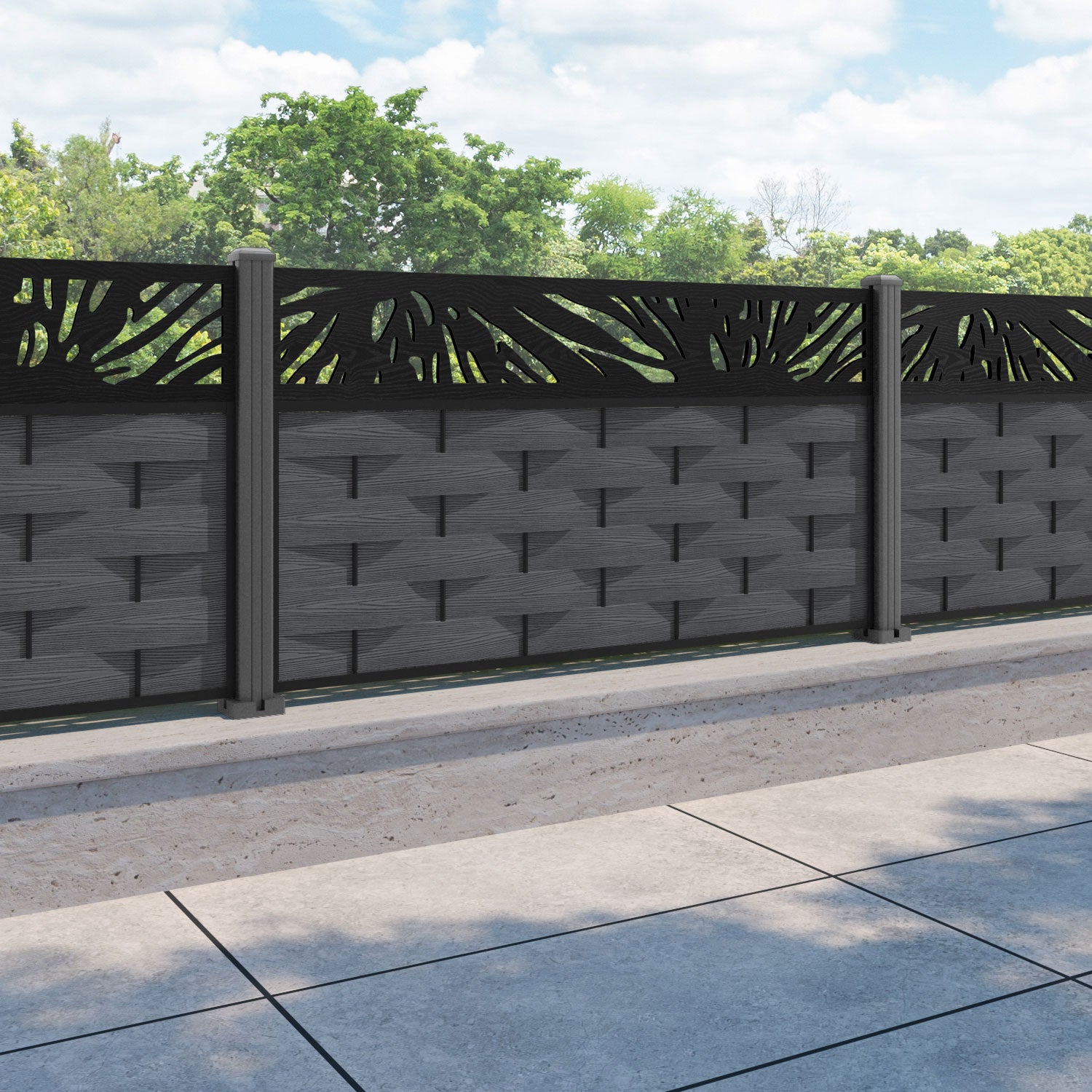 Ripple Poppy Fence Panel - Dark Grey - with our aluminium posts