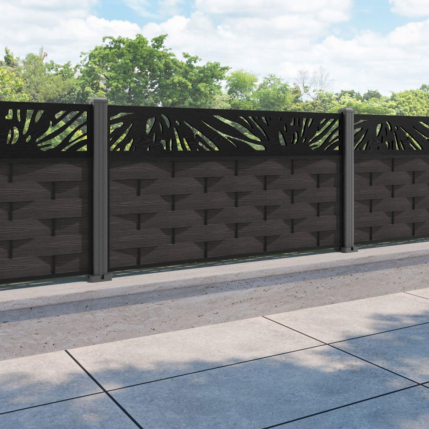Ripple Poppy Fence Panel - Dark Oak - with our aluminium posts