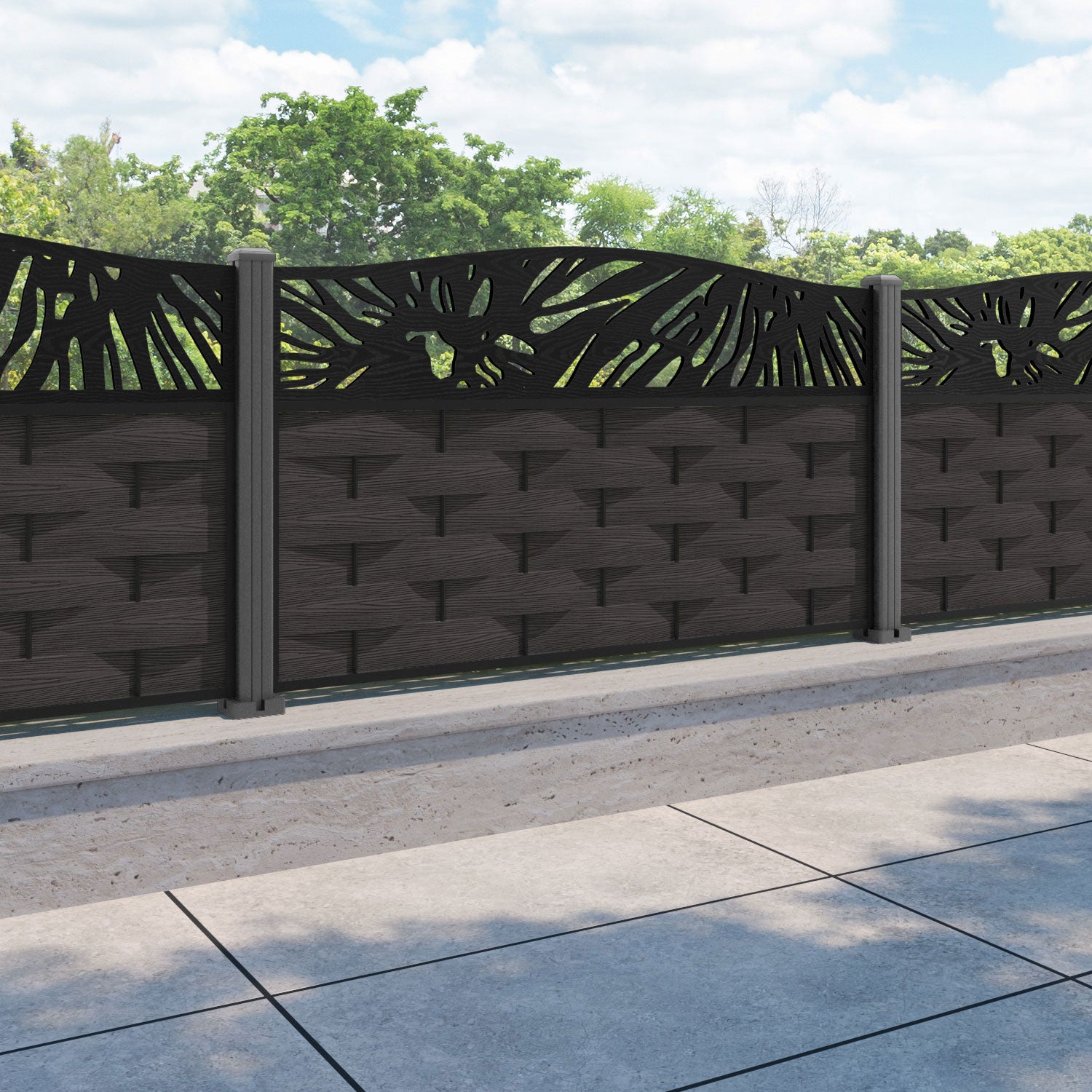 Ripple Poppy Curved Top Fence Panel - Dark Oak - with our aluminium posts