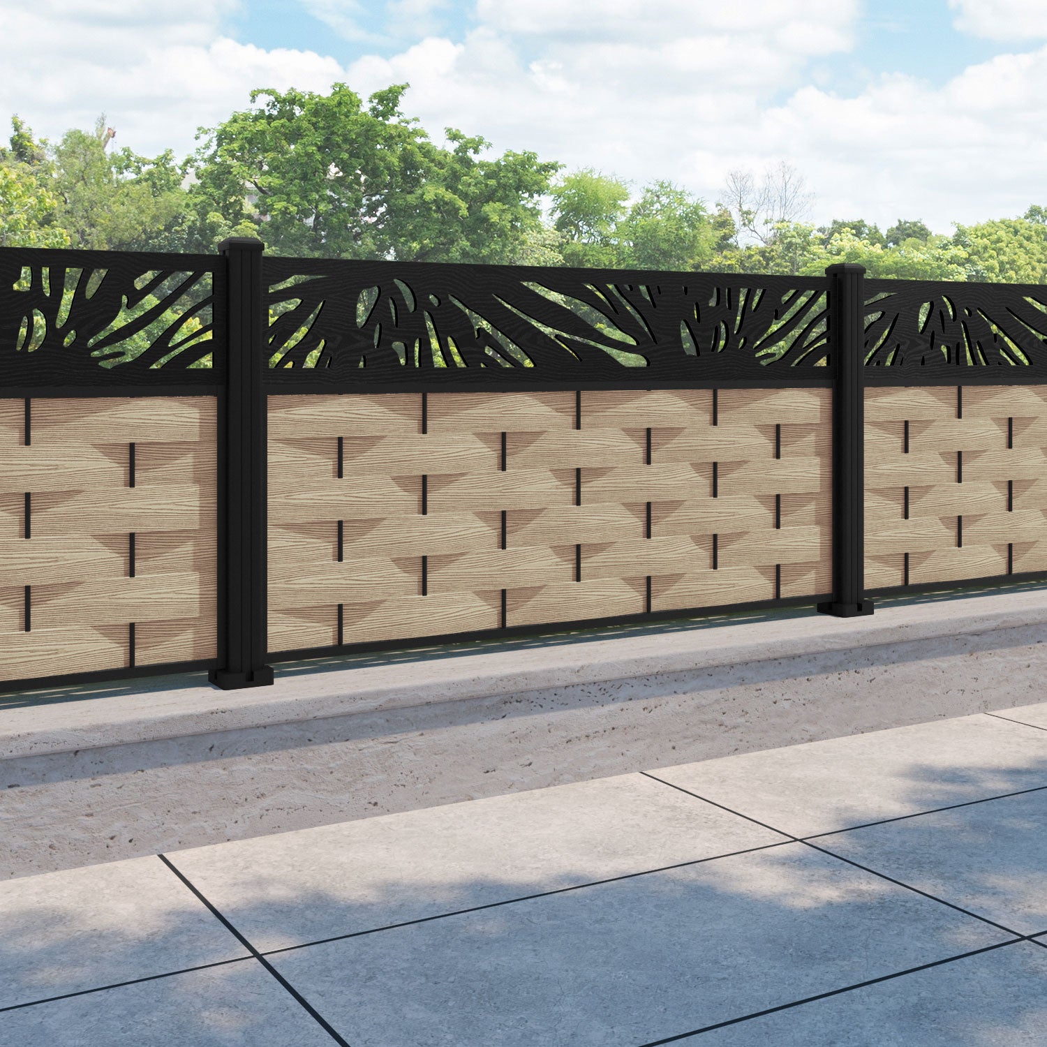 Ripple Poppy Fence Panel - Light Oak - with our aluminium posts