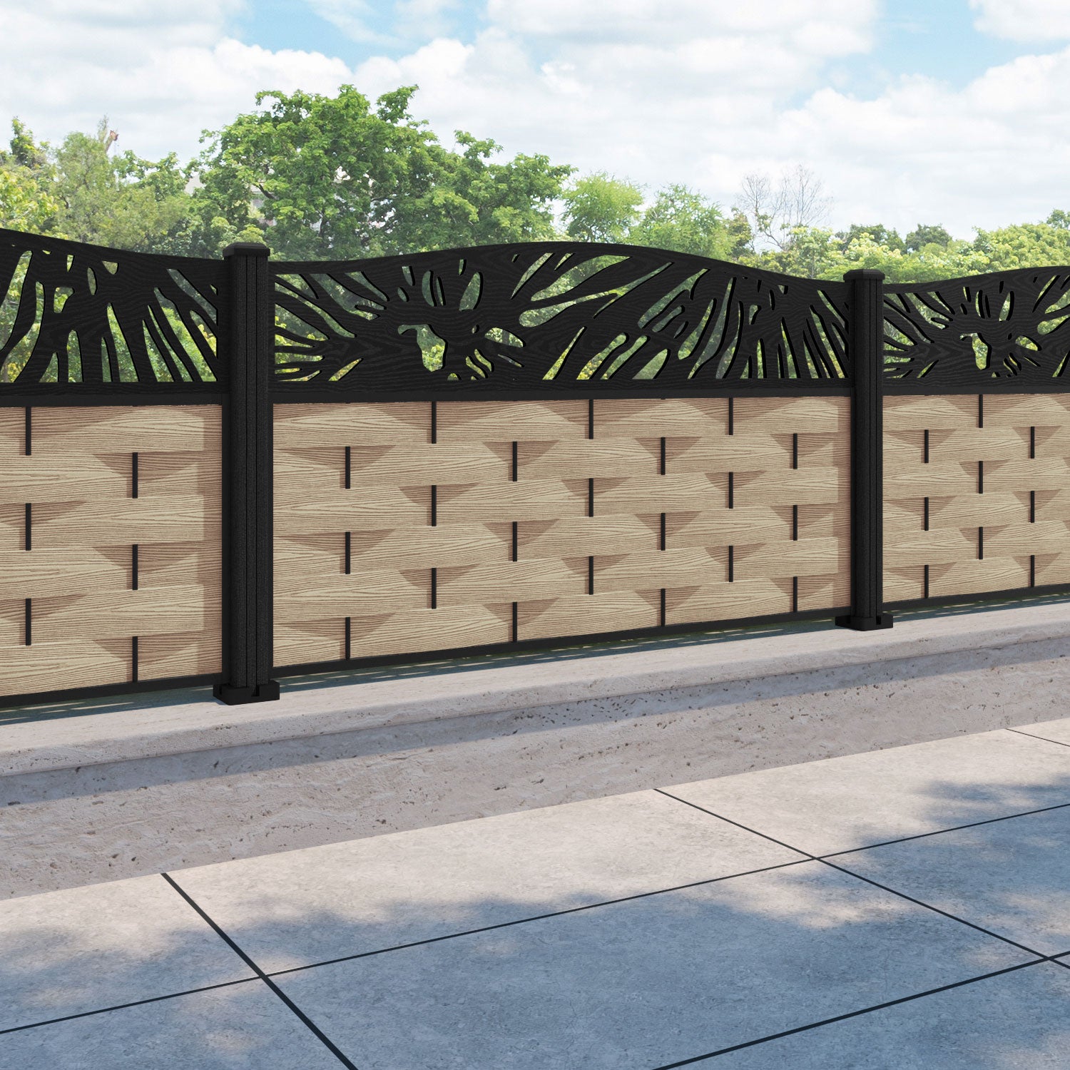 Ripple Poppy Curved Top Fence Panel - Light Oak - with our composite posts