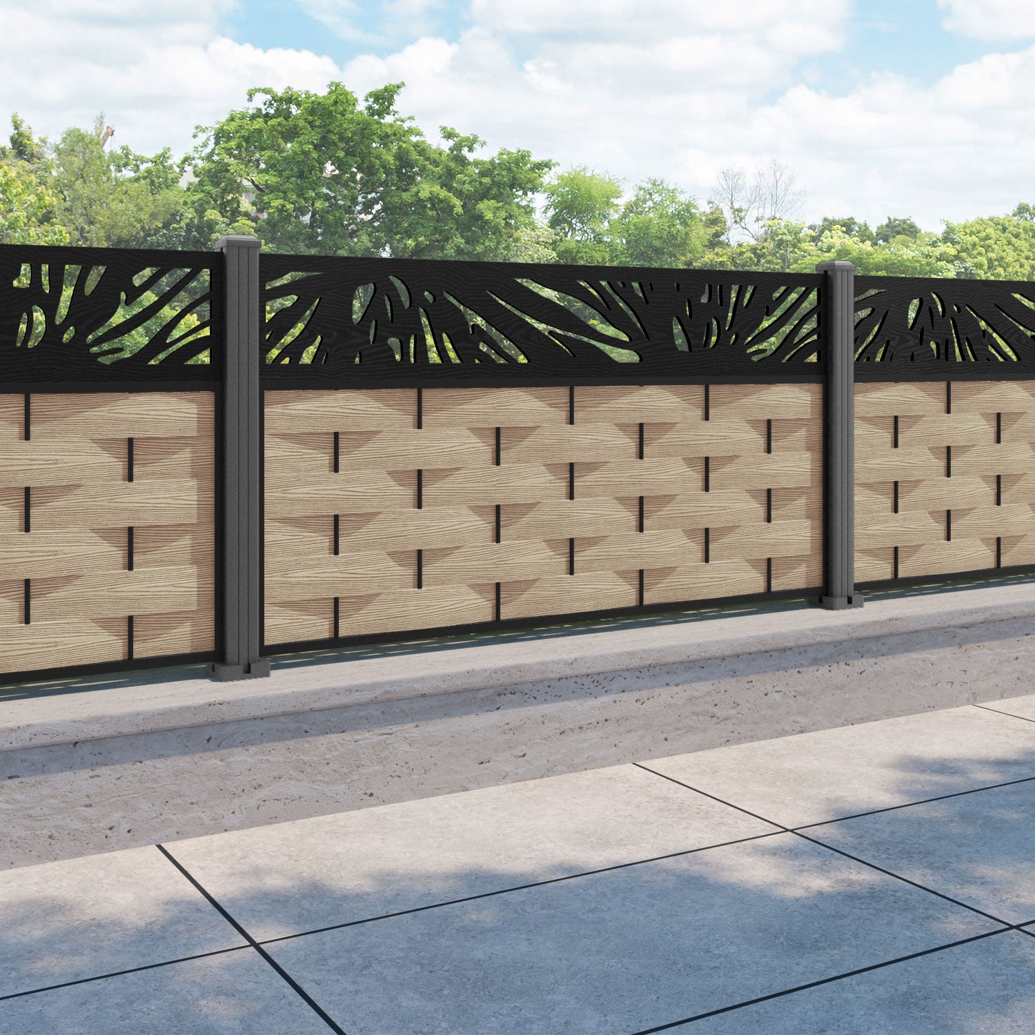 Ripple Poppy Fence Panel - Light Oak - with our aluminium posts